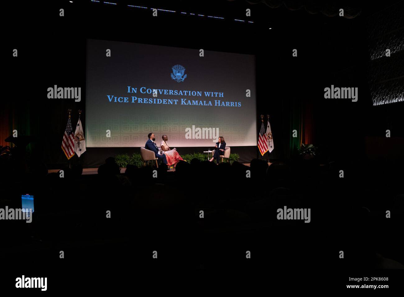 Jessica Nabongo, author and world traveler, Kevin Young, director of the National Museum of African American History and Culture (NMAAHC), have a conversation with US Vice President Kamala Harris during an event at the NMAAHC in Washington, DC, US, on Wednesday, April 5, 2023. Harris's recent trip to Africa, at turns eliciting deep reflection from the historic US vice president, offered a chance for her to reconnect with Black Americans whose support is crucial for her and President Biden's looming reelection bid. Photographer: Cheriss May/Pool/Sipa USA Stock Photo