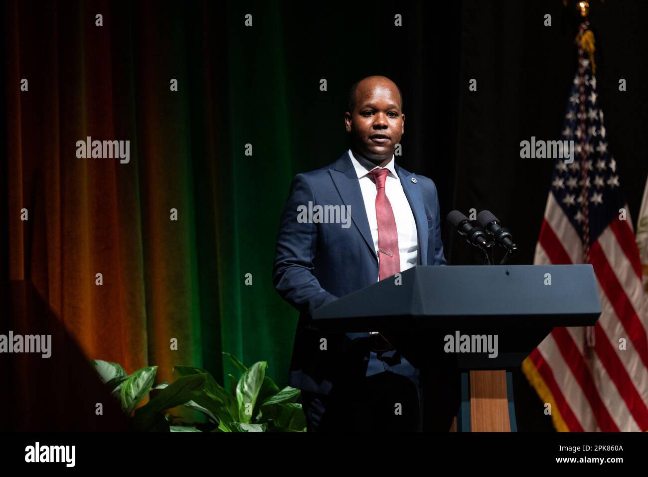 Malik Ngugi, Student, Howard University, speaks during an event with Jessica Nabongo, author and world traveler, Kevin Young, director of the National Museum of African American History and Culture (NMAAHC), in conversation with US Vice President Kamala Harris during an event at the NMAAHC in Washington, DC, US, on Wednesday, April 5, 2023. Harris's recent trip to Africa, at turns eliciting deep reflection from the historic US vice president, offered a chance for her to reconnect with Black Americans whose support is crucial for her and President Biden's looming reelection bid. Photographer: C Stock Photo