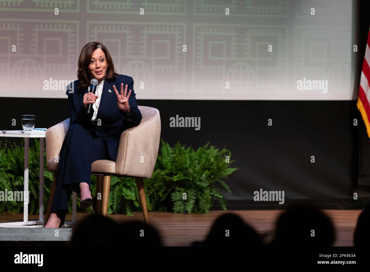 US Vice President Kamala Harris speaks during a conversation with Jessica Nabongo, author and world traveler, and Kevin Young, director of the National Museum of African American History and Culture (NMAAHC), at the NMAAHC in Washington, DC, US, on Wednesday, April 5, 2023. Harris's recent trip to Africa, at turns eliciting deep reflection from the historic US vice president, offered a chance for her to reconnect with Black Americans whose support is crucial for her and President Biden's looming reelection bid. Photographer: Cheriss May/Pool/Sipa USA Stock Photo