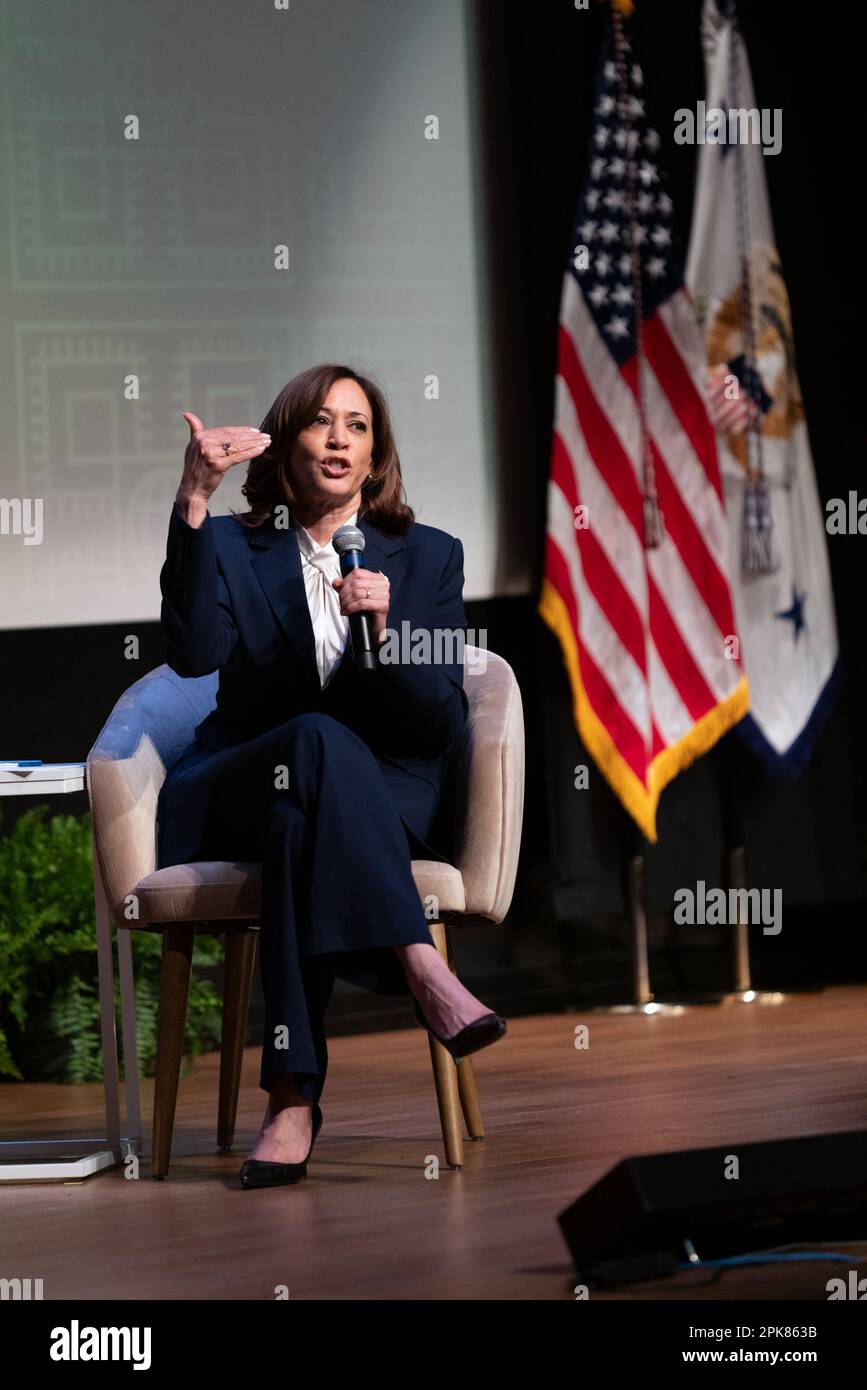 US Vice President Kamala Harris speaks during a conversation with Jessica Nabongo, author and world traveler, and Kevin Young, director of the National Museum of African American History and Culture (NMAAHC), at the NMAAHC in Washington, DC, US, on Wednesday, April 5, 2023. Harris's recent trip to Africa, at turns eliciting deep reflection from the historic US vice president, offered a chance for her to reconnect with Black Americans whose support is crucial for her and President Biden's looming reelection bid. Photographer: Cheriss May/Pool/Sipa USA Stock Photo