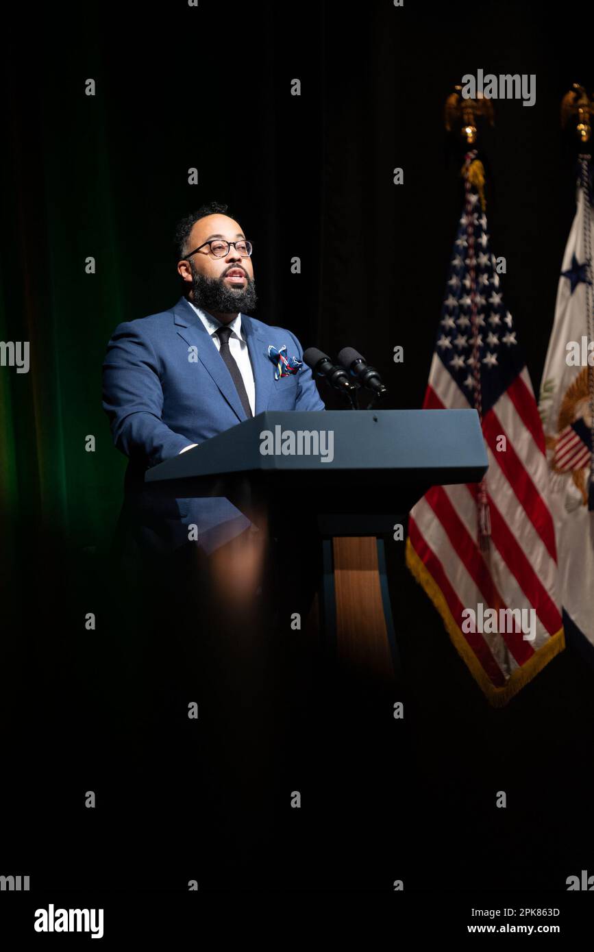 Kevin Young, director of the National Museum of African American History and Culture (NMAAHC), speaks during a conversation with Jessica Nabongo, author and world traveler, with US Vice President Kamala Harris during an event at the NMAAHC in Washington, DC, US, on Wednesday, April 5, 2023. Harris's recent trip to Africa, at turns eliciting deep reflection from the historic US vice president, offered a chance for her to reconnect with Black Americans whose support is crucial for her and President Biden's looming reelection bid. Photographer: Cheriss May/Pool/Sipa USA Stock Photo
