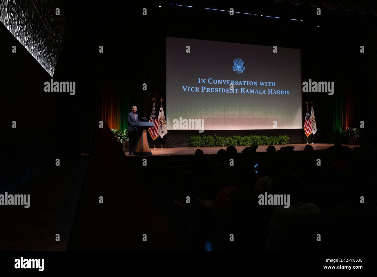 Dr. Monde Muyangwa, Assistant Administrator in the Bureau for Africa, speaks during an event with Jessica Nabongo, author and world traveler, Kevin Young, director of the National Museum of African American History and Culture (NMAAHC), in conversation with US Vice President Kamala Harris during an event at the NMAAHC in Washington, DC, US, on Wednesday, April 5, 2023. Harris's recent trip to Africa, at turns eliciting deep reflection from the historic US vice president, offered a chance for her to reconnect with Black Americans whose support is crucial for her and President Biden's looming re Stock Photo