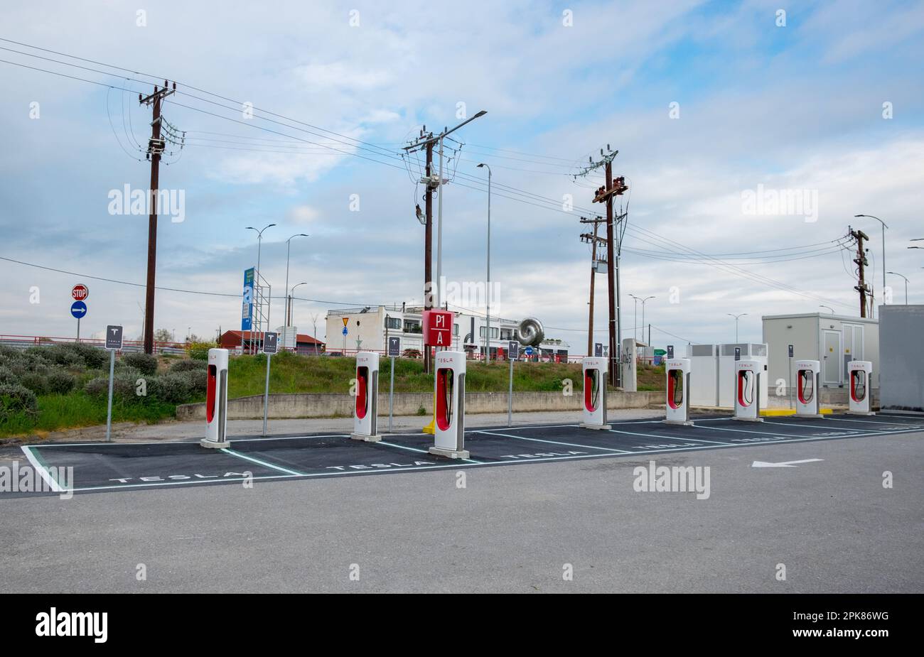 Tesla charging station for electric cars in the parking of the Fashion