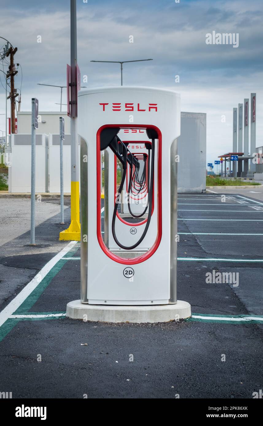 Tesla charging station for electric cars in the parking of the Fashion