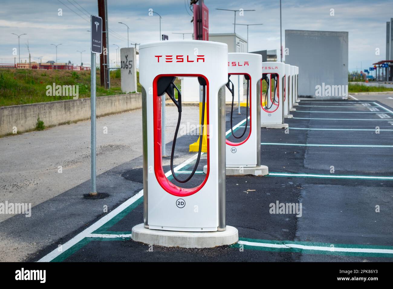 Tesla charging station for electric cars in the parking of the Fashion