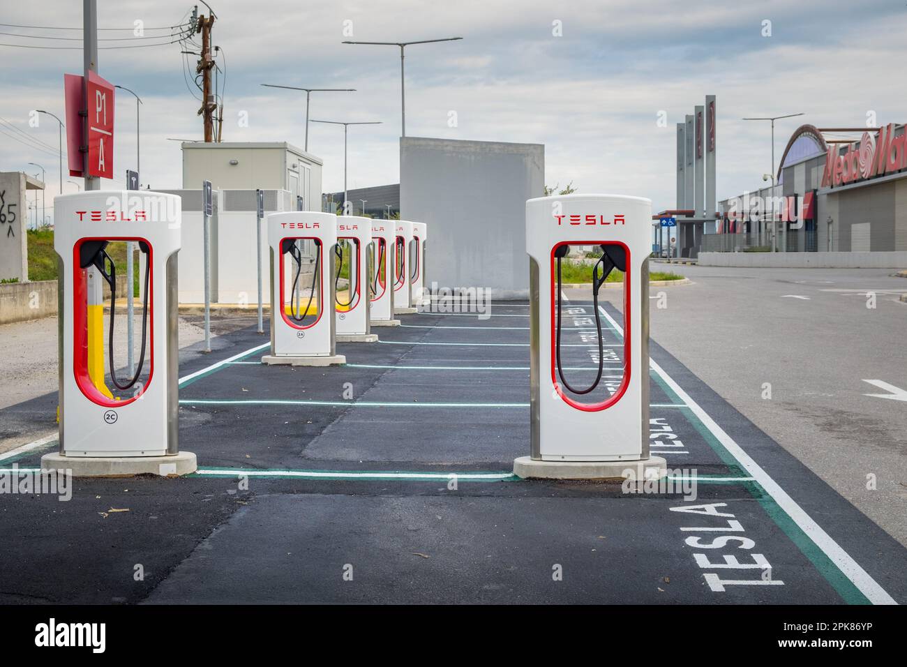Tesla charging station for electric cars in the parking of the Fashion