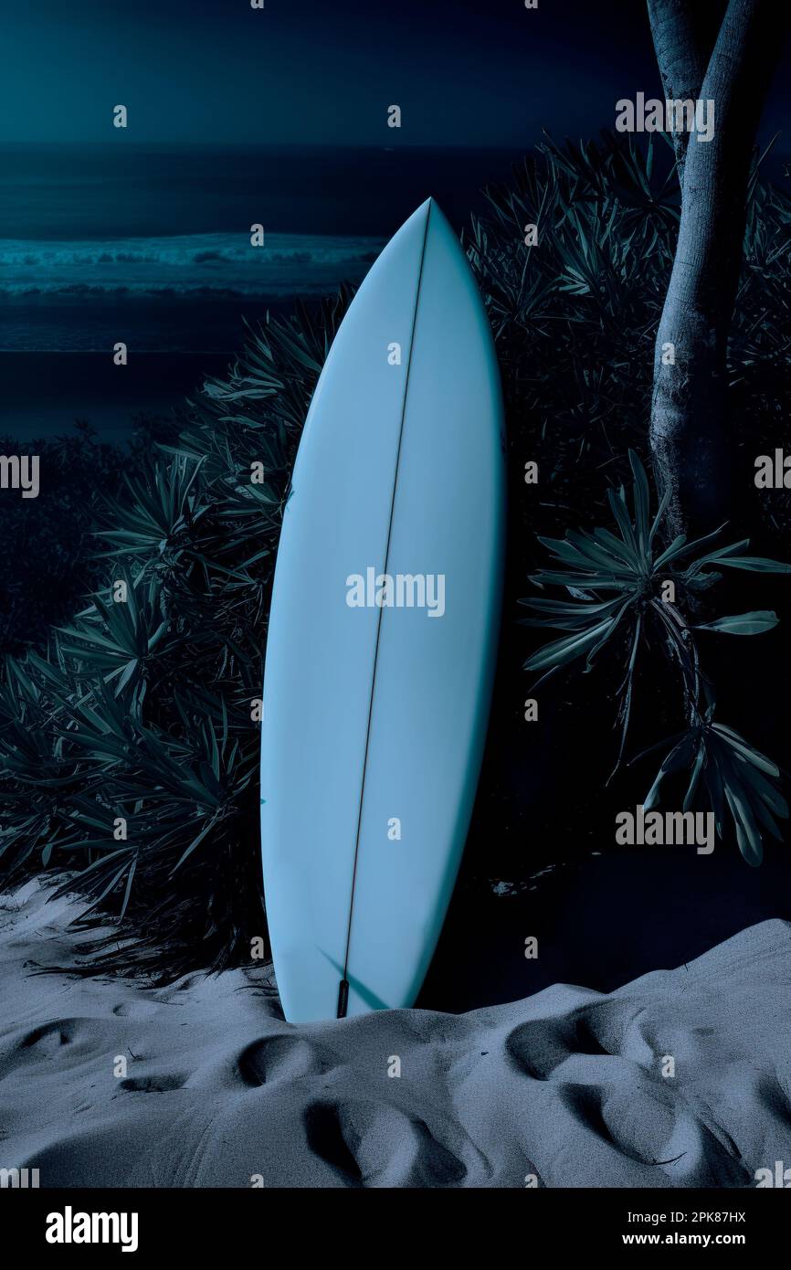 a surfboard stuck in the sand on a beach Stock Photo Alamy