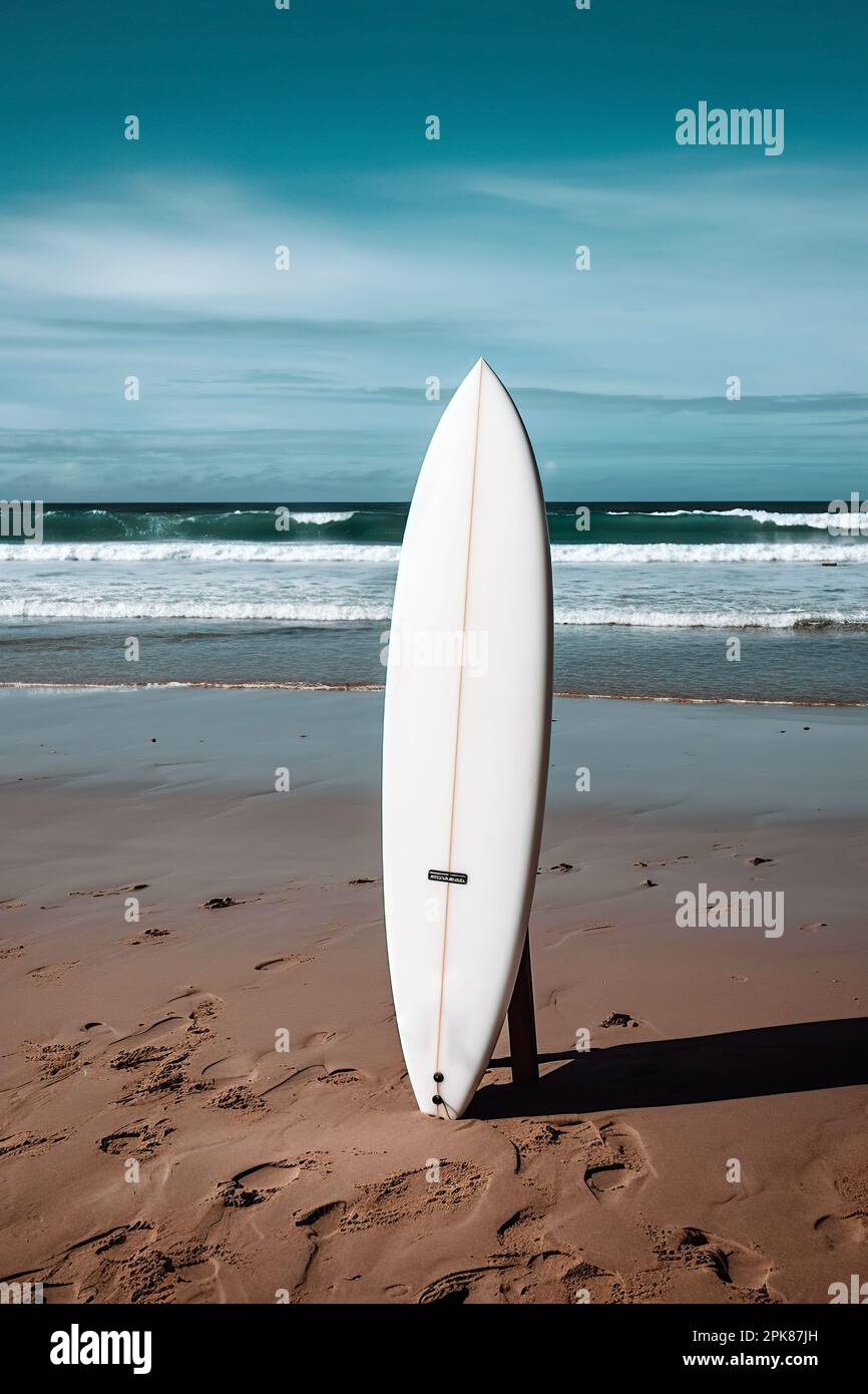 a surfboard stuck in the sand on a beach Stock Photo Alamy