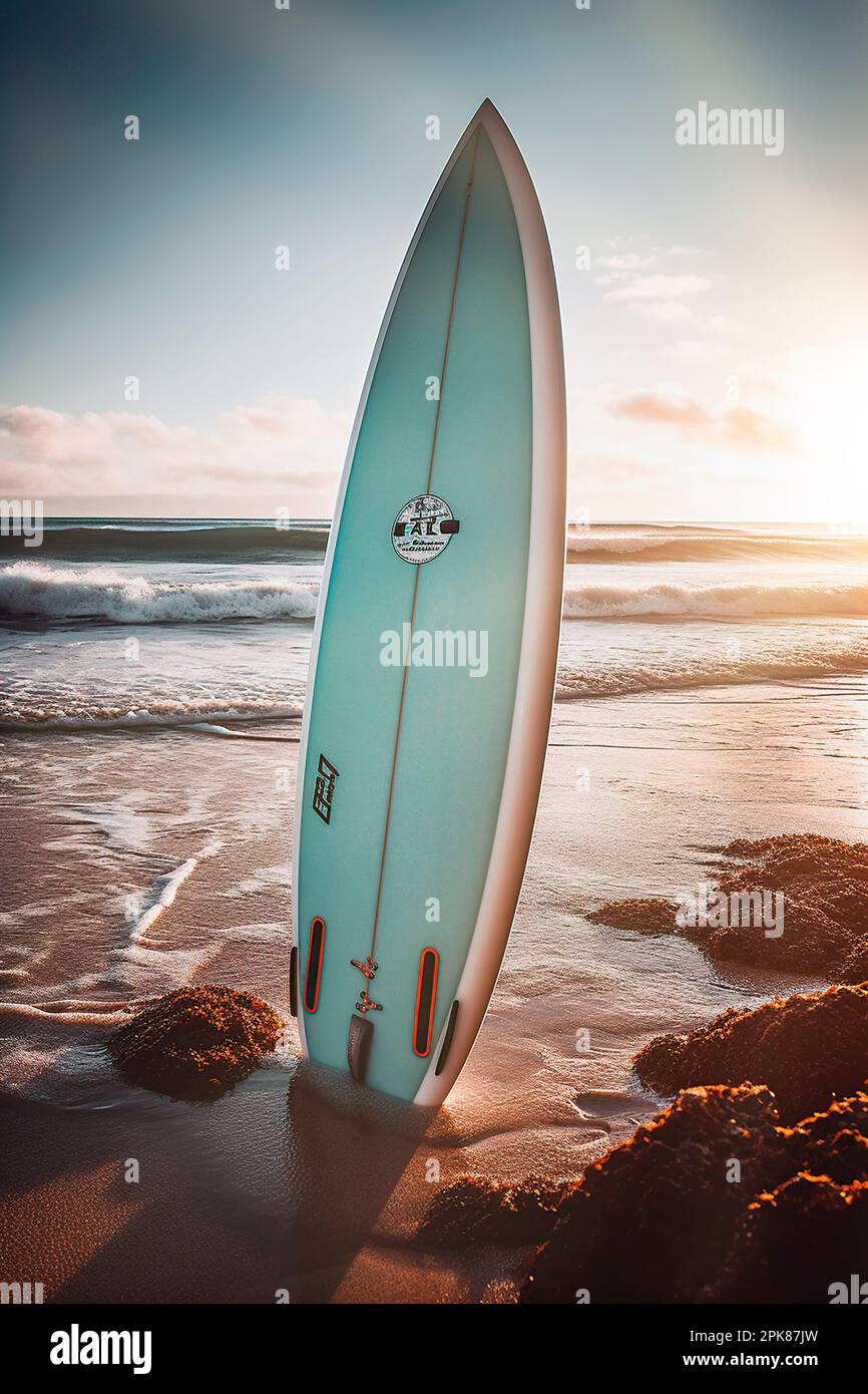 a surfboard stuck in the sand on a beach Stock Photo Alamy