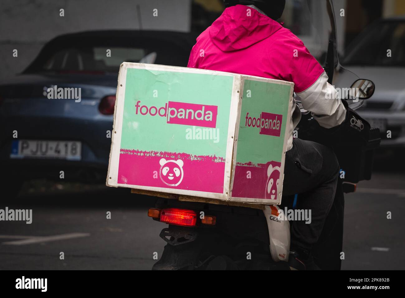 Picture of a food delivery guy from Foodpanda in the streets of Szeged