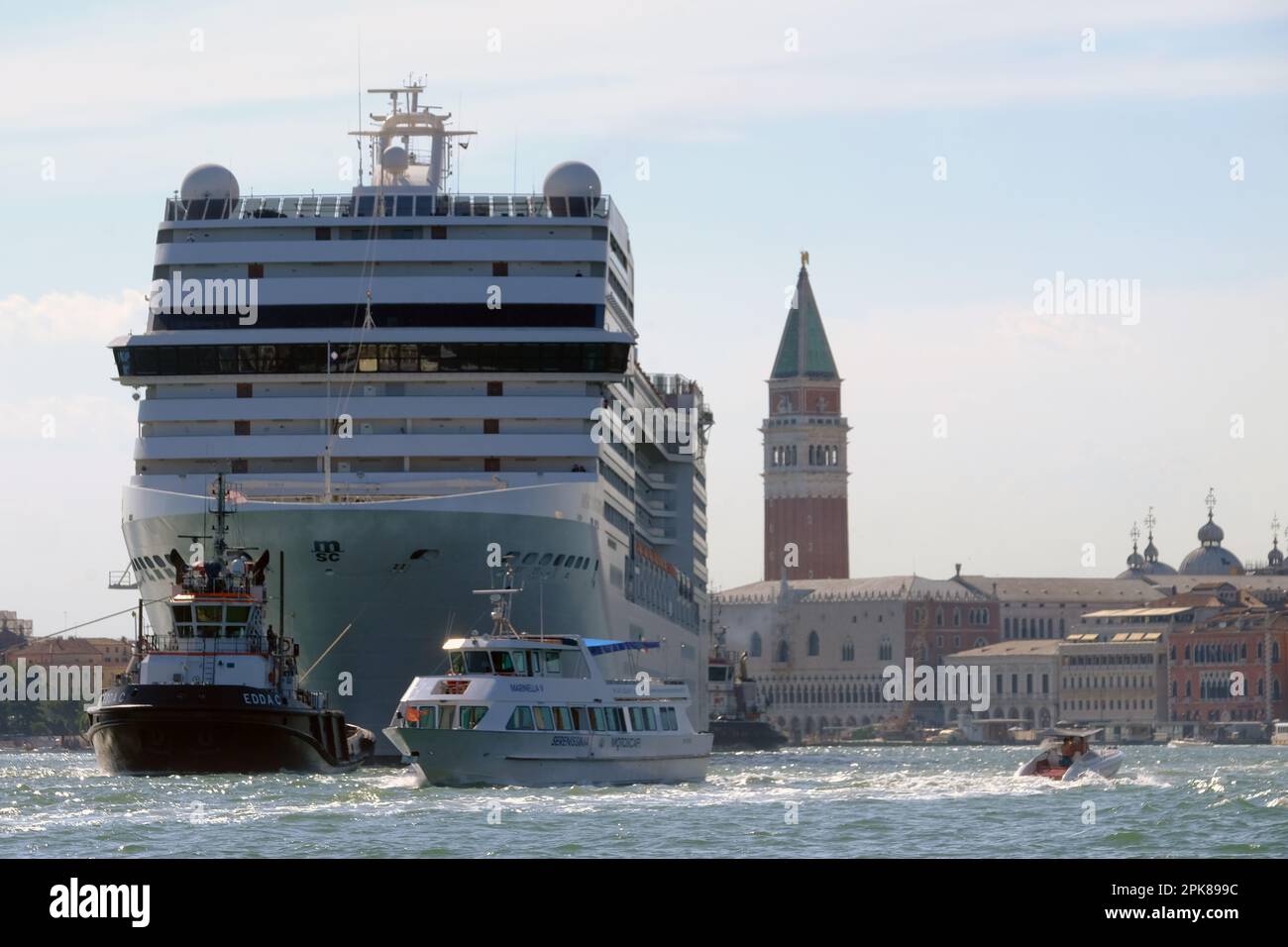 June 27, 2021 - Venice, Italy:The MSC Orcestra ship sails in the Venice lagoon near St. Mark's Square. Stock Photo