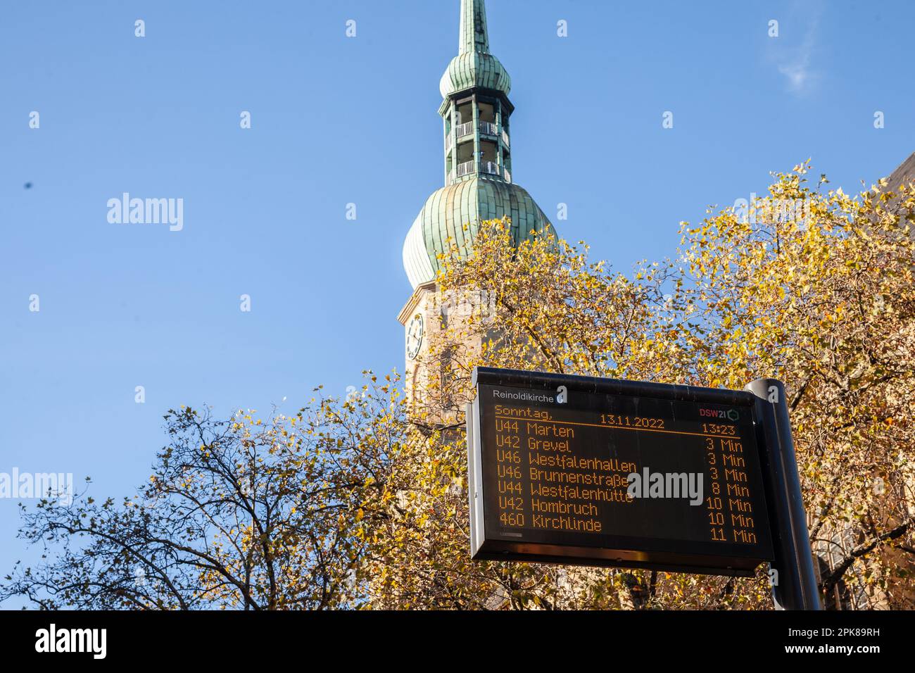 Picture of the departures board of a tram station of dortmunder stadtbahn in the city center of the city. The Dortmund Stadtbahn is a light rail syste Stock Photo