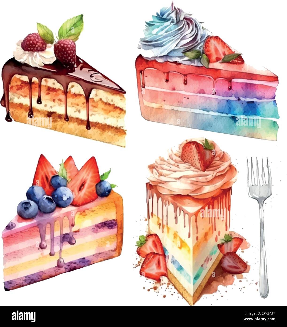 vector watercolor cake, piece of cake. It can be used for card, postcard, cover, invitation, wedding card, mothers day card, birthday card, menu, reci Stock Vector