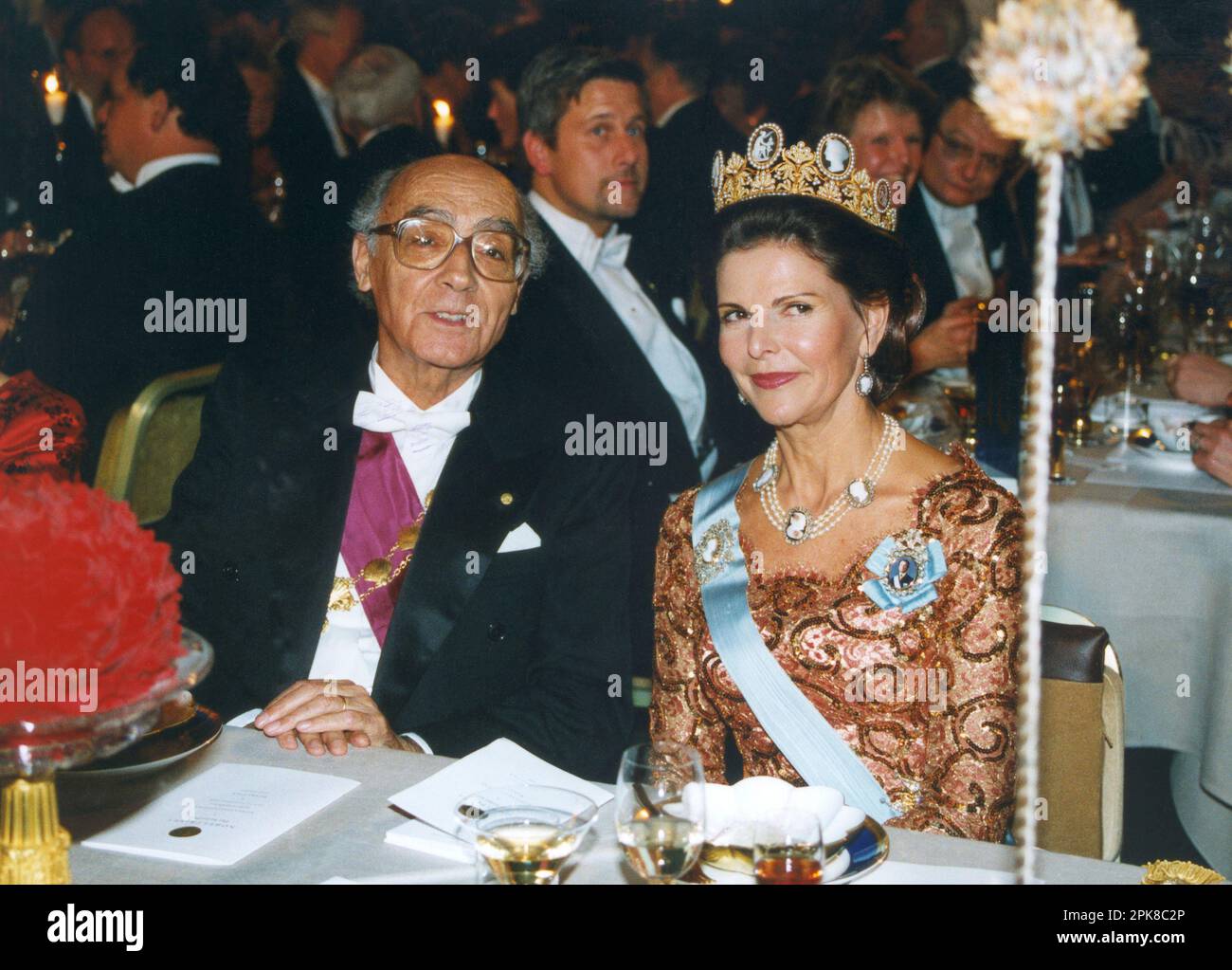 Sweden Queen Silvia at The Nobel banquet where Jose Saramango litterature prize winner as table companion Stock Photo