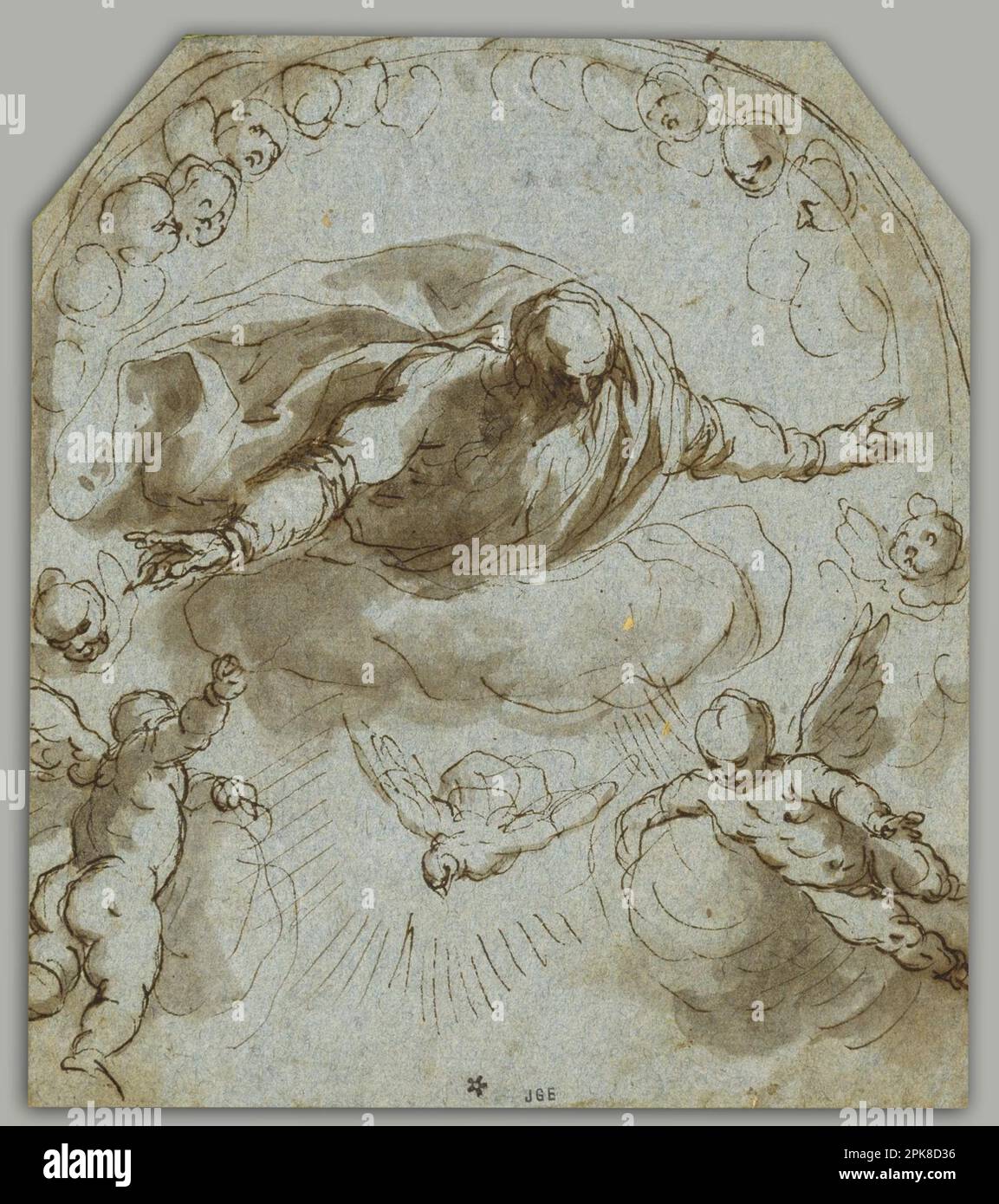 God the Father with the Dove, Two Putti and a Nimbus of Cherubim 1595/1605 by Palma il Vecchio Stock Photo