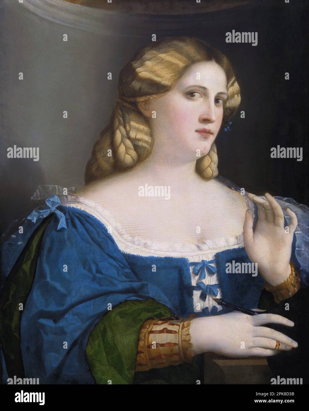 Young Woman in a Blue Dress, with Fan (1512 - 1514) by Palma il Vecchio Stock Photo
