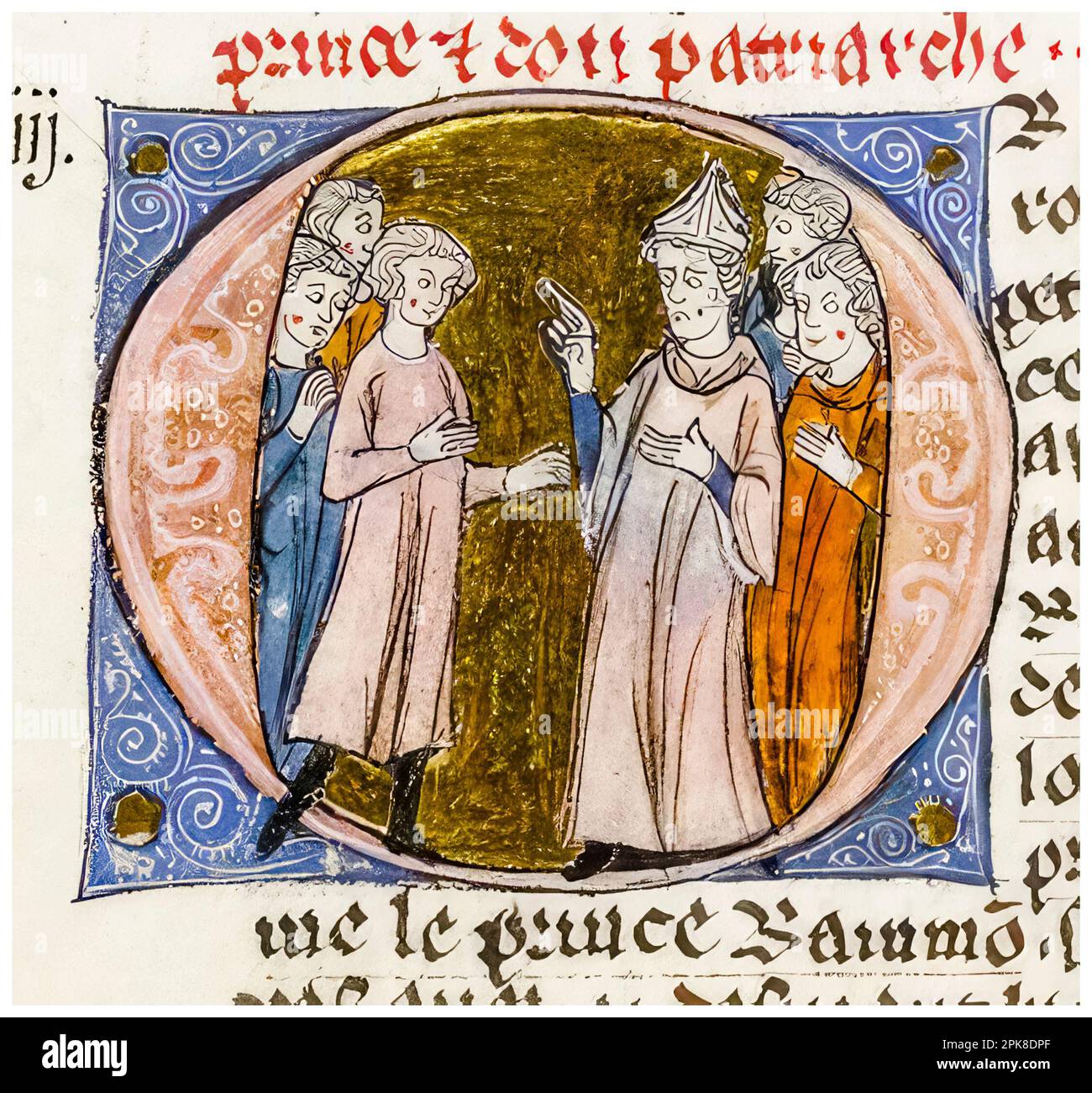 Patriarch Aimery of Limoges ( -circa 1196), speaking in opposition to the marriage of Raynald of Châtillon (1125-1187) with Constance of Hauteville (1128-1163), illuminated manuscript painting, circa 1295-1299 Stock Photo