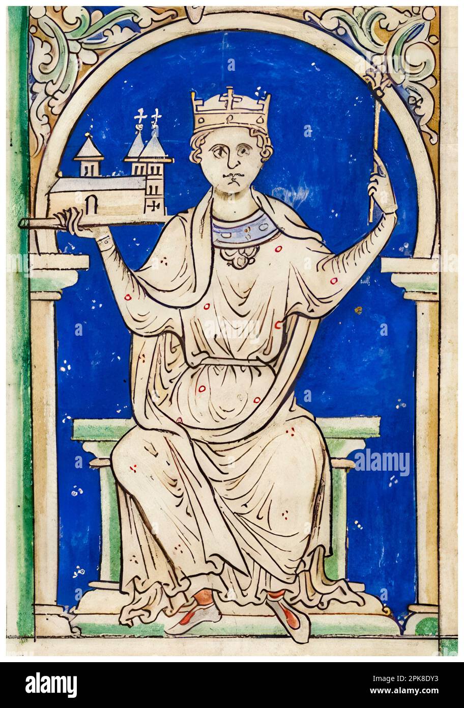 Stephen of Blois (1092 or 1096-1154), King of England (1135-1154), holding Faversham Abbey, illuminated manuscript portrait painting by Matthew Paris circa 1250-1259 Stock Photo