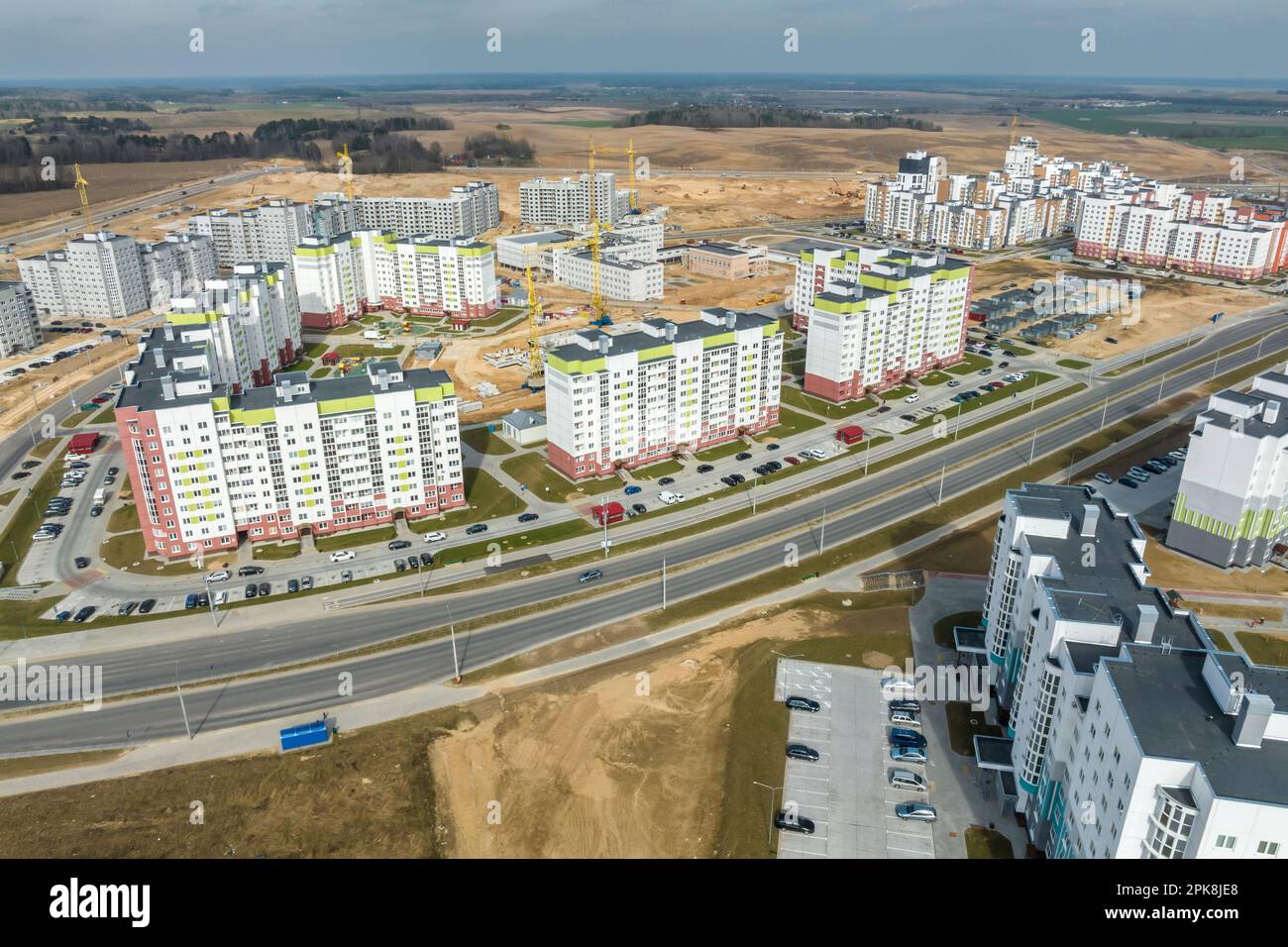 aerial panoramic view over construction of new modern residential ...
