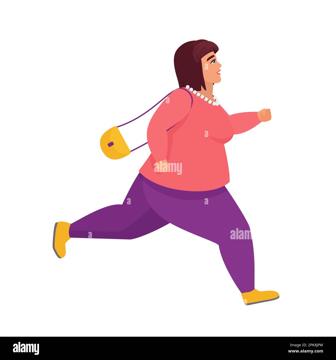 Fat girl running. Obese woman being in a hurry, plus size woman vector
