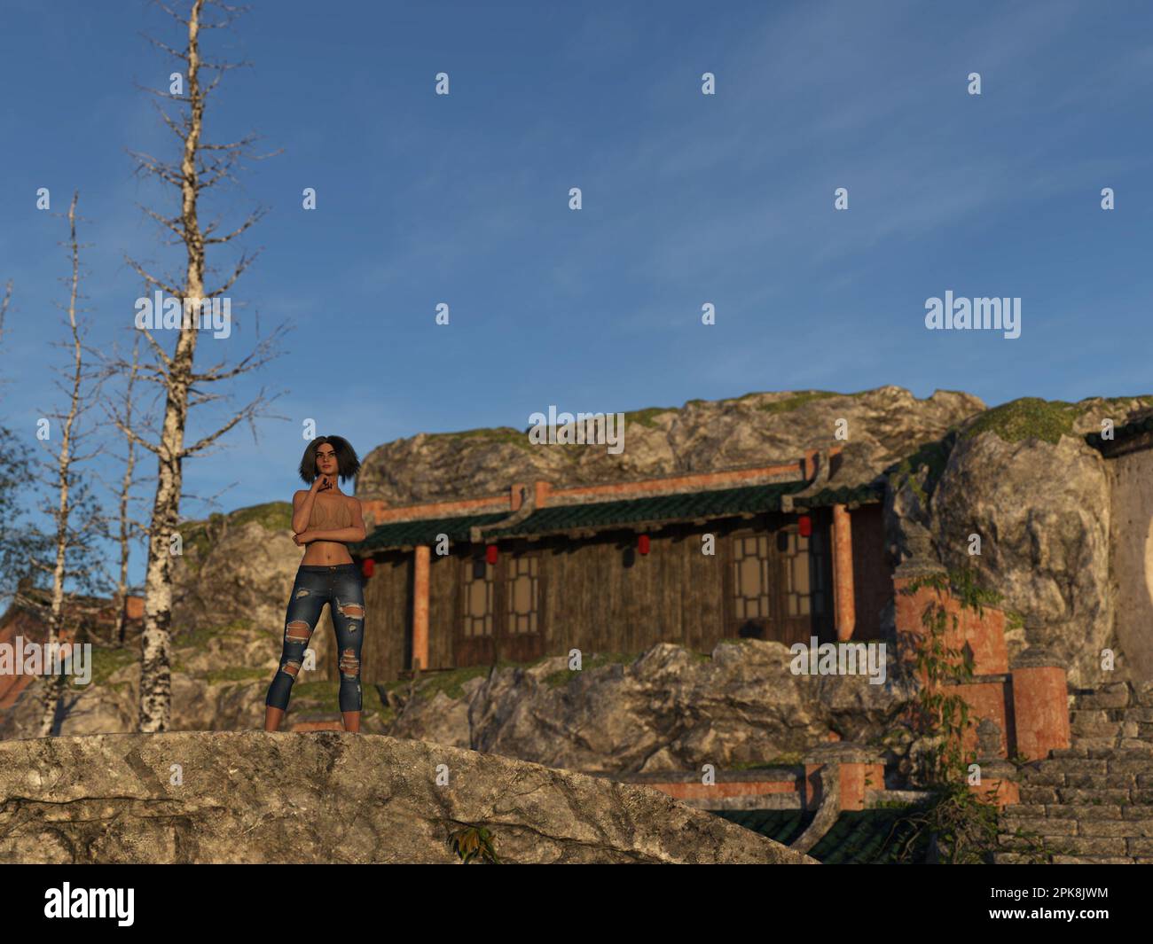 3d illustration of a woman wearing torn jeans and a halter top standing on boulders in front of an old house. Stock Photo