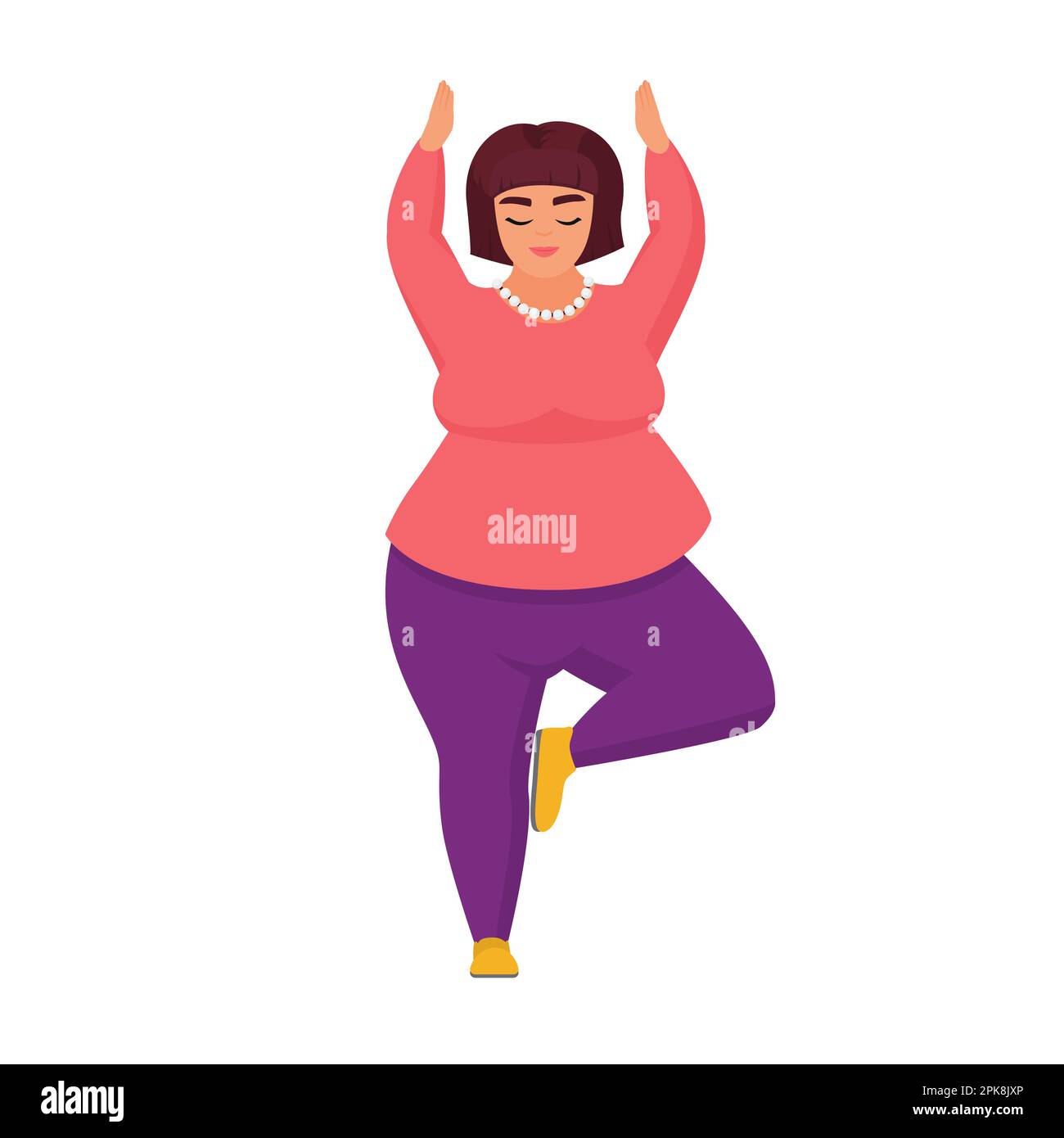 Fat woman in standing yoga position. Obese woman stretching vector