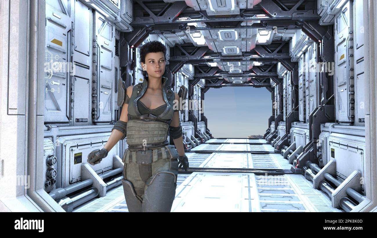 3d illustration of a woman combat soldier walking in a futuristic corridor open at one end showing a cloudy blue sky. Stock Photo