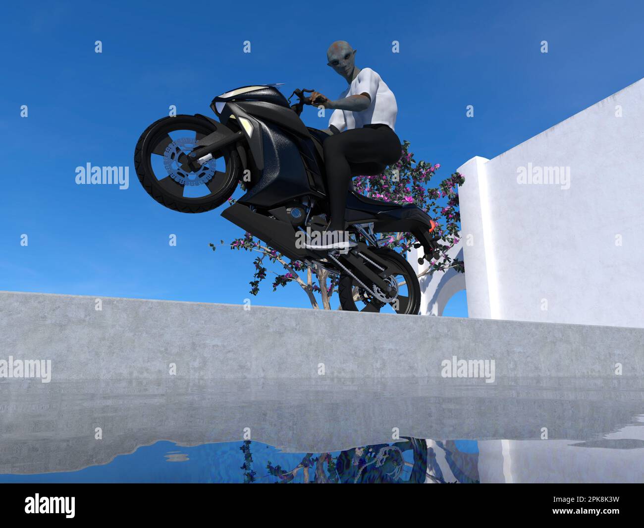 3d Illustration of an alien doing a wheelie on a motorcycle next to a pool with a blue sky in the background. Stock Photo
