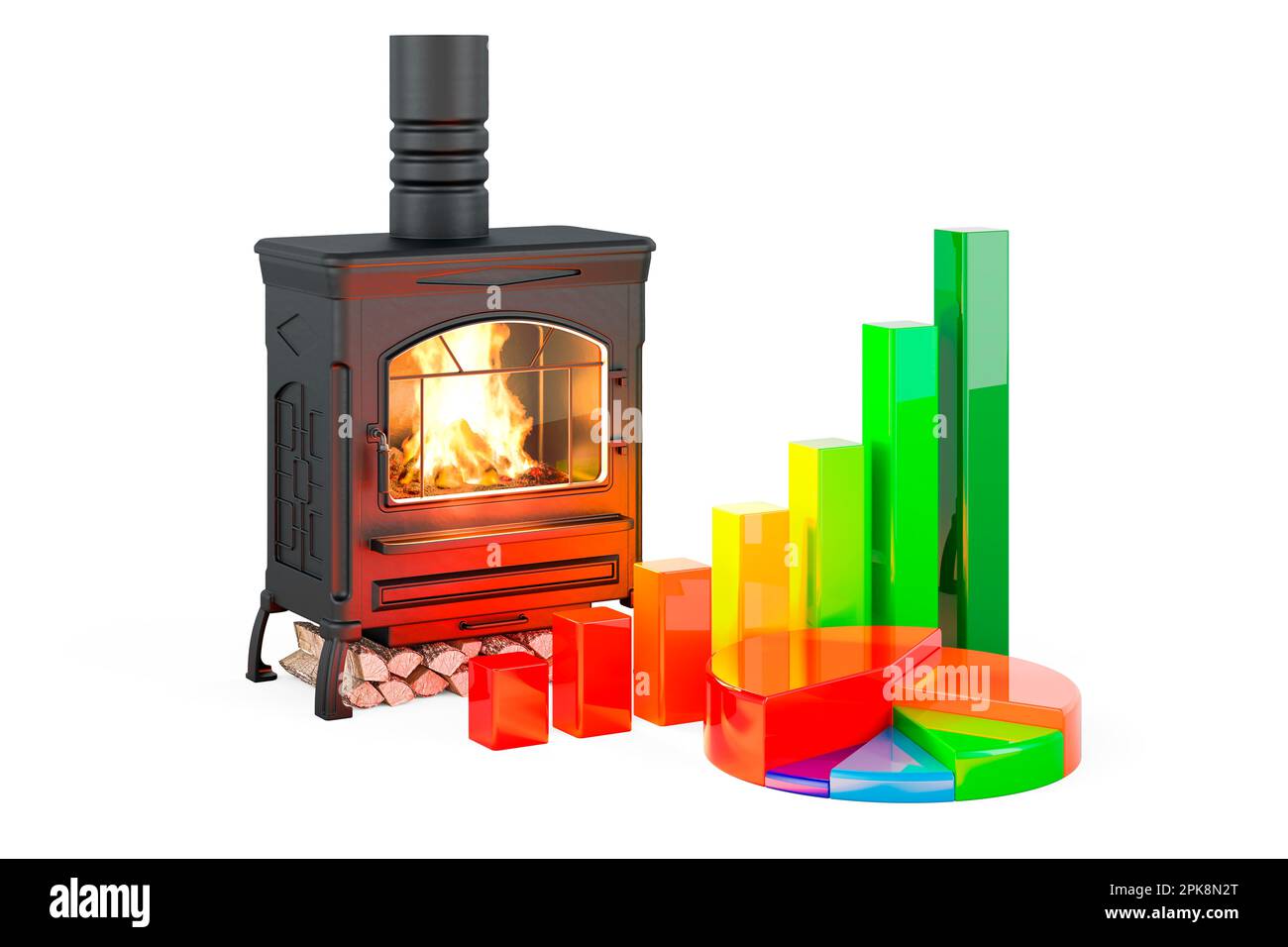 Wood burner stove with chimney pipe and firewood burning, 3D rendering