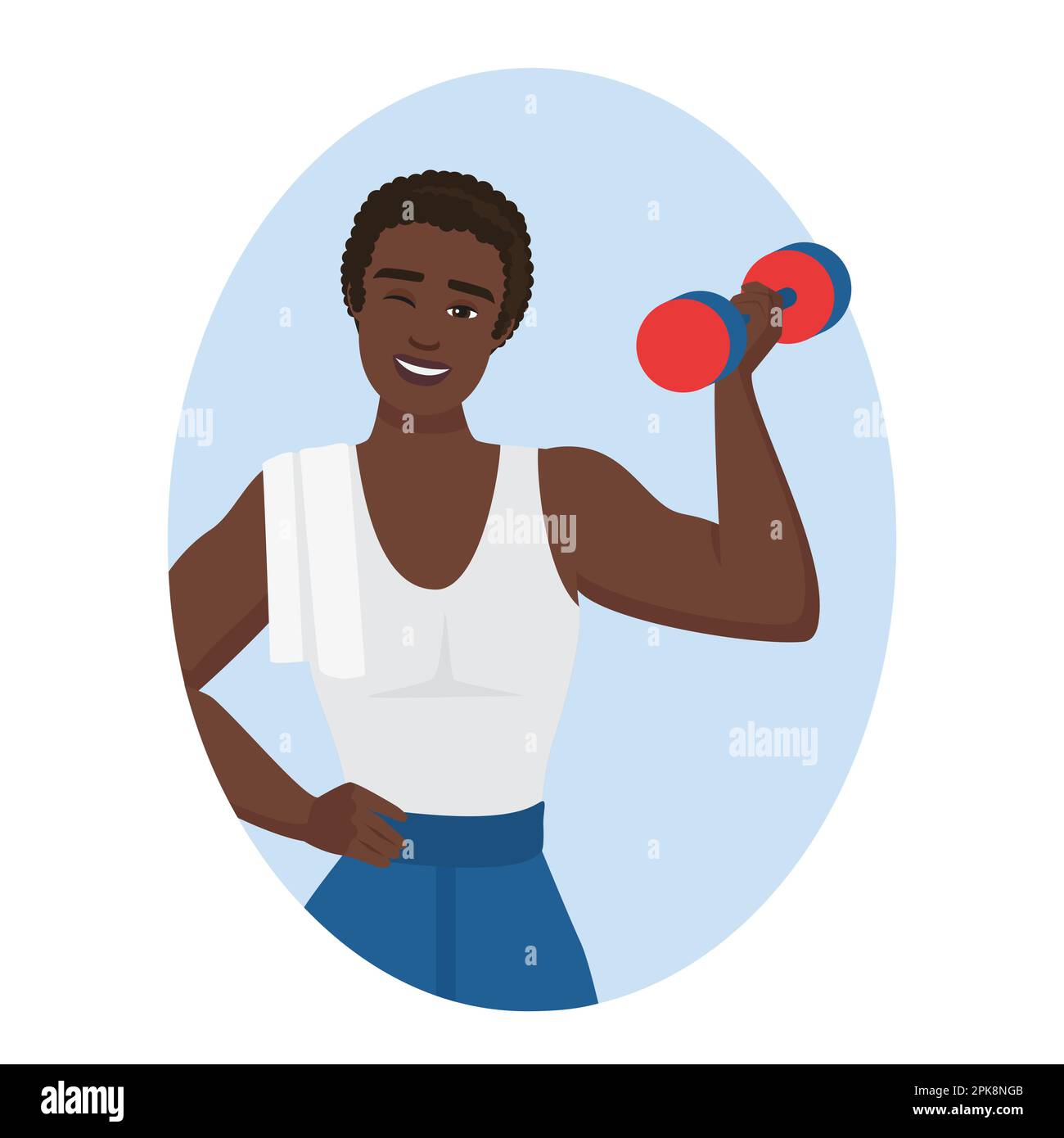 Young male fitness trainer. Sport trainer with dumbbell vector cartoon ...