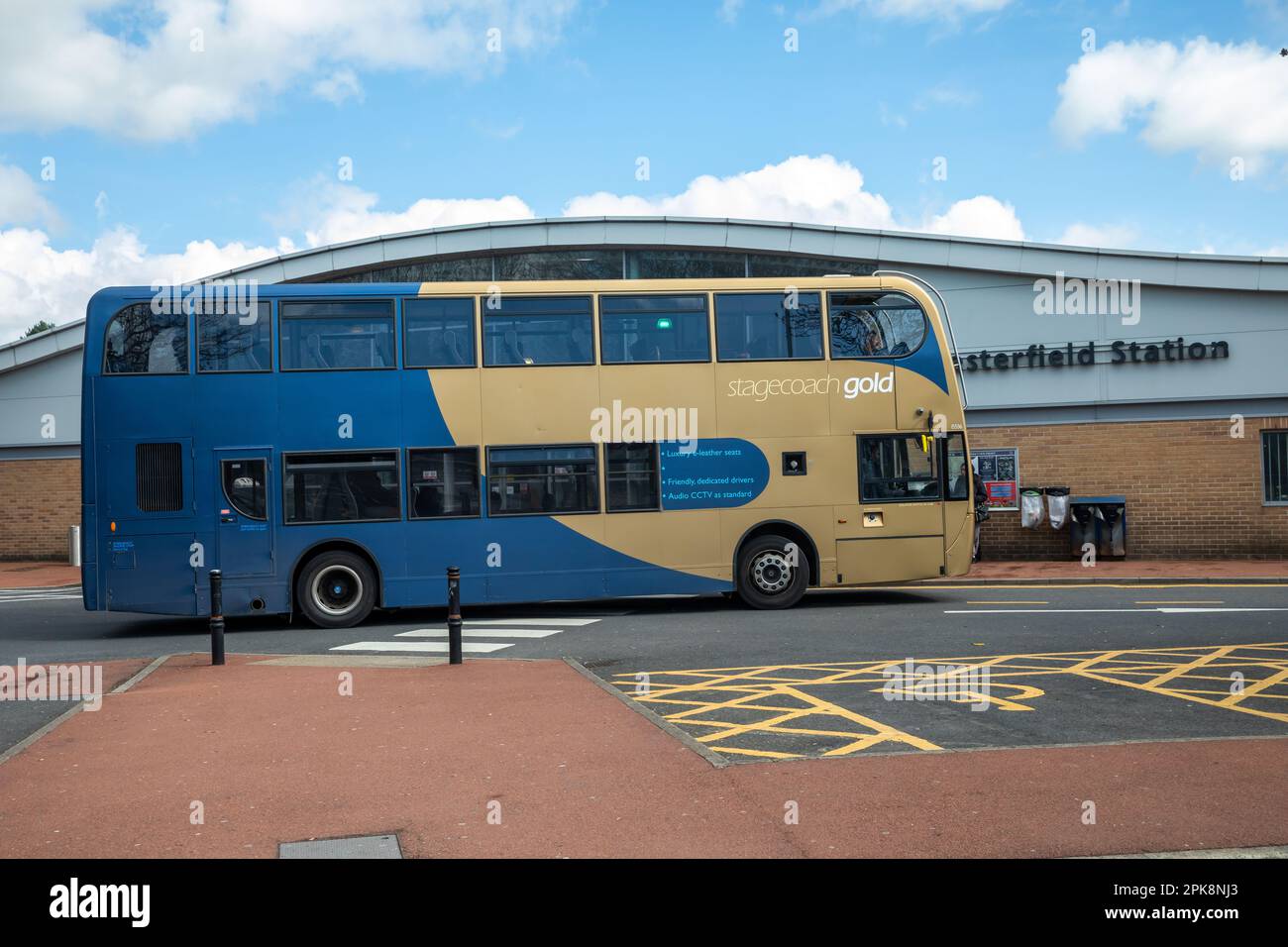 Stagecoach gold and blue bus outside Chesterfield Railway Station in