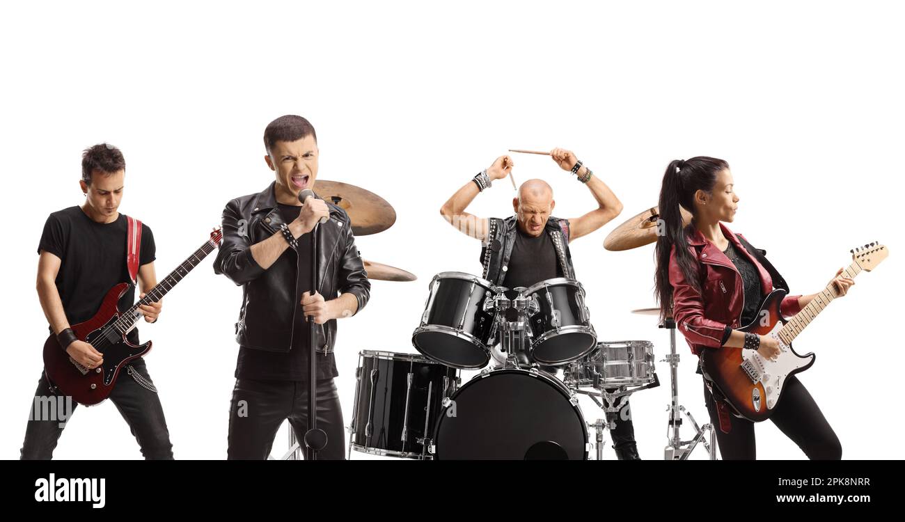 Rock music band performing with guitarists, drummer and a lead singer