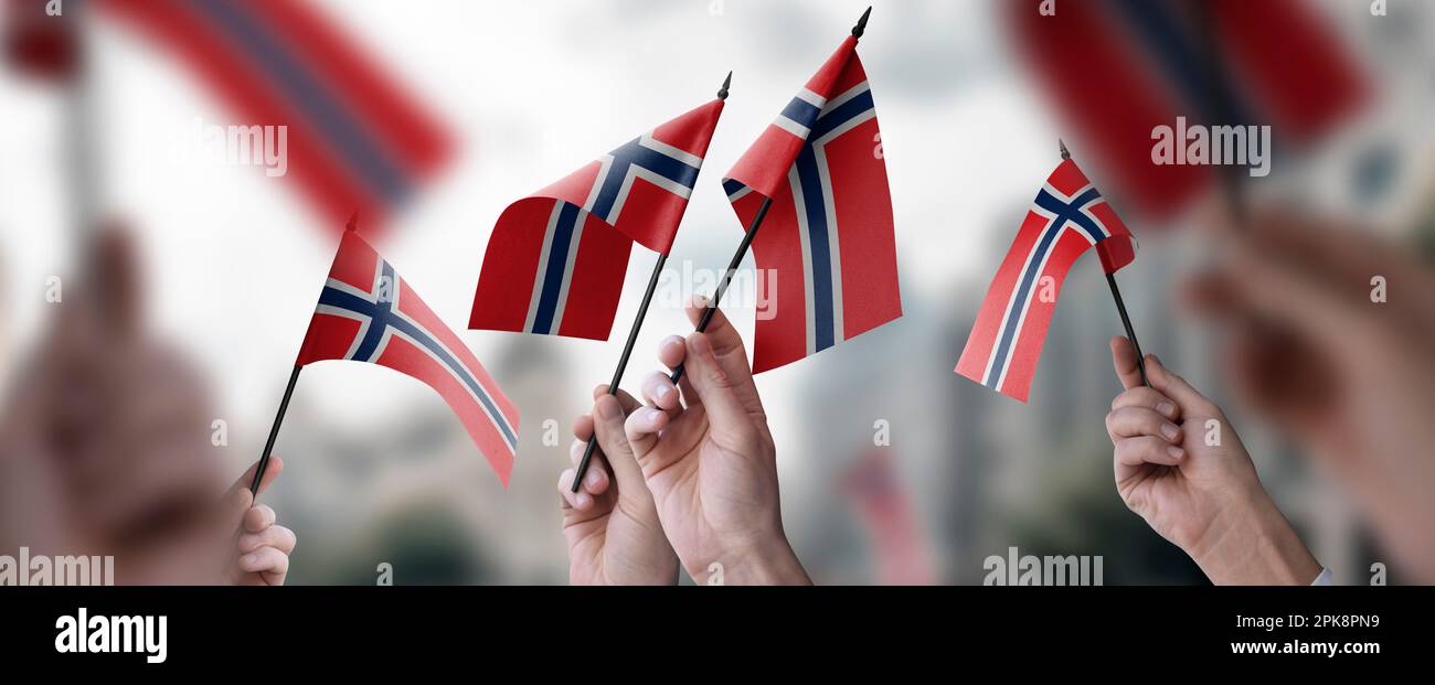 A group of people holding small flags of the Norway in their hands ...