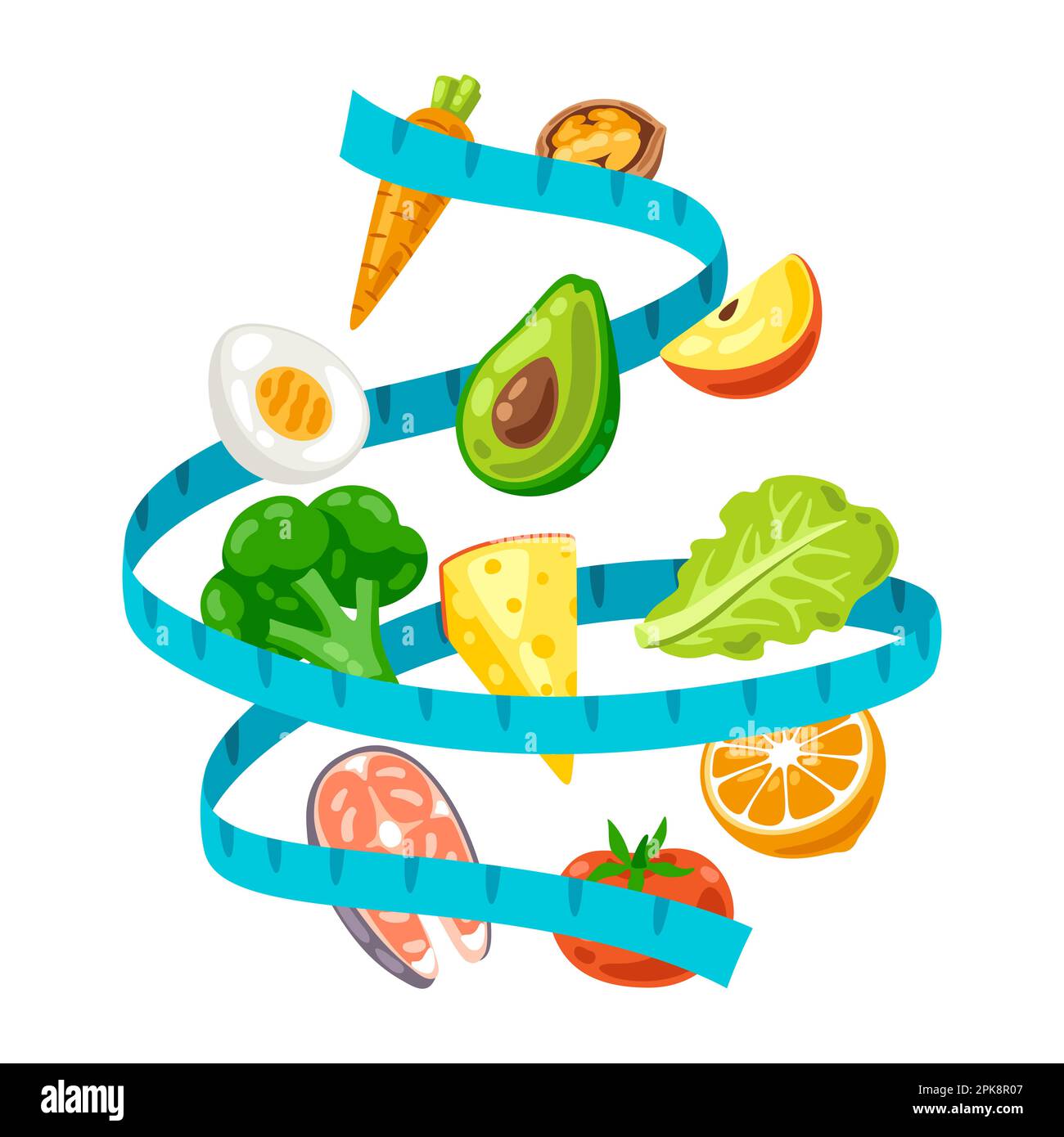 Illustration of measure tape with food. Healthy eating and diet meal