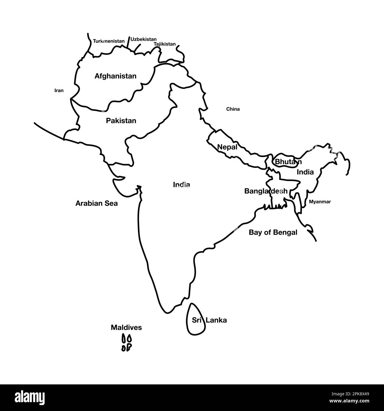 South Asia Outline Map. Editable Vector EPS Symbol Illustration. Stock Vector