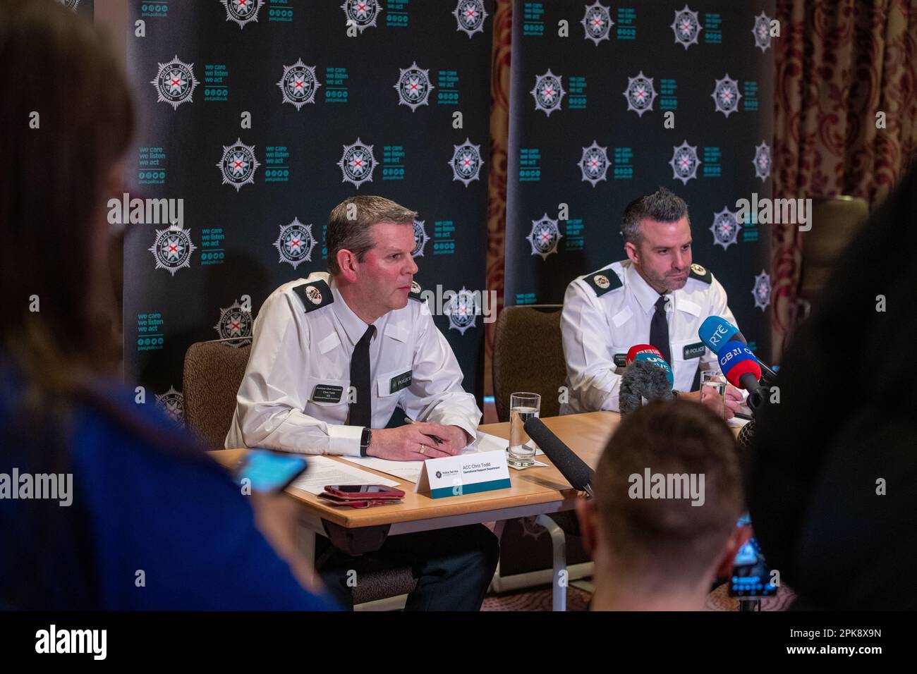 Belfast, UK. 06th Apr, 2023. PSNI ACCs Colin Todd and Bobby Singleton. Addressing the Media at Stormont Hotel, Belfast in regards to what will be a very busy Easter weekend. There is potential for some unrest with intelligence from within the community where the police would be drawn in Credit: Bonzo/Alamy Live News Stock Photo