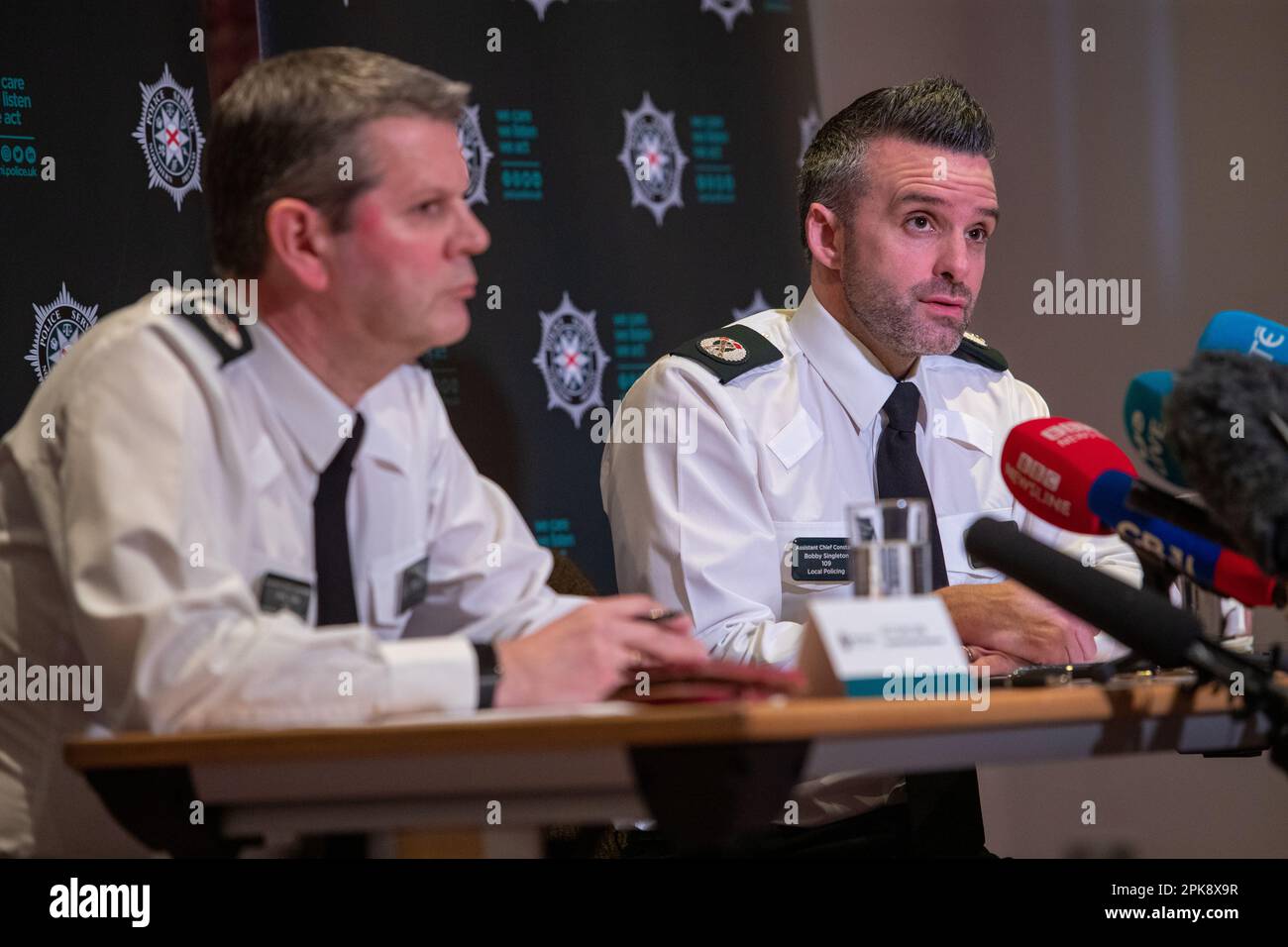 Belfast, UK. 06th Apr, 2023. PSNI ACCs Colin Todd and Bobby Singleton. Addressing the Media at Stormont Hotel, Belfast in regards to what will be a very busy Easter weekend. There is potential for some unrest with intelligence from within the community where the police would be drawn in Credit: Bonzo/Alamy Live News Stock Photo