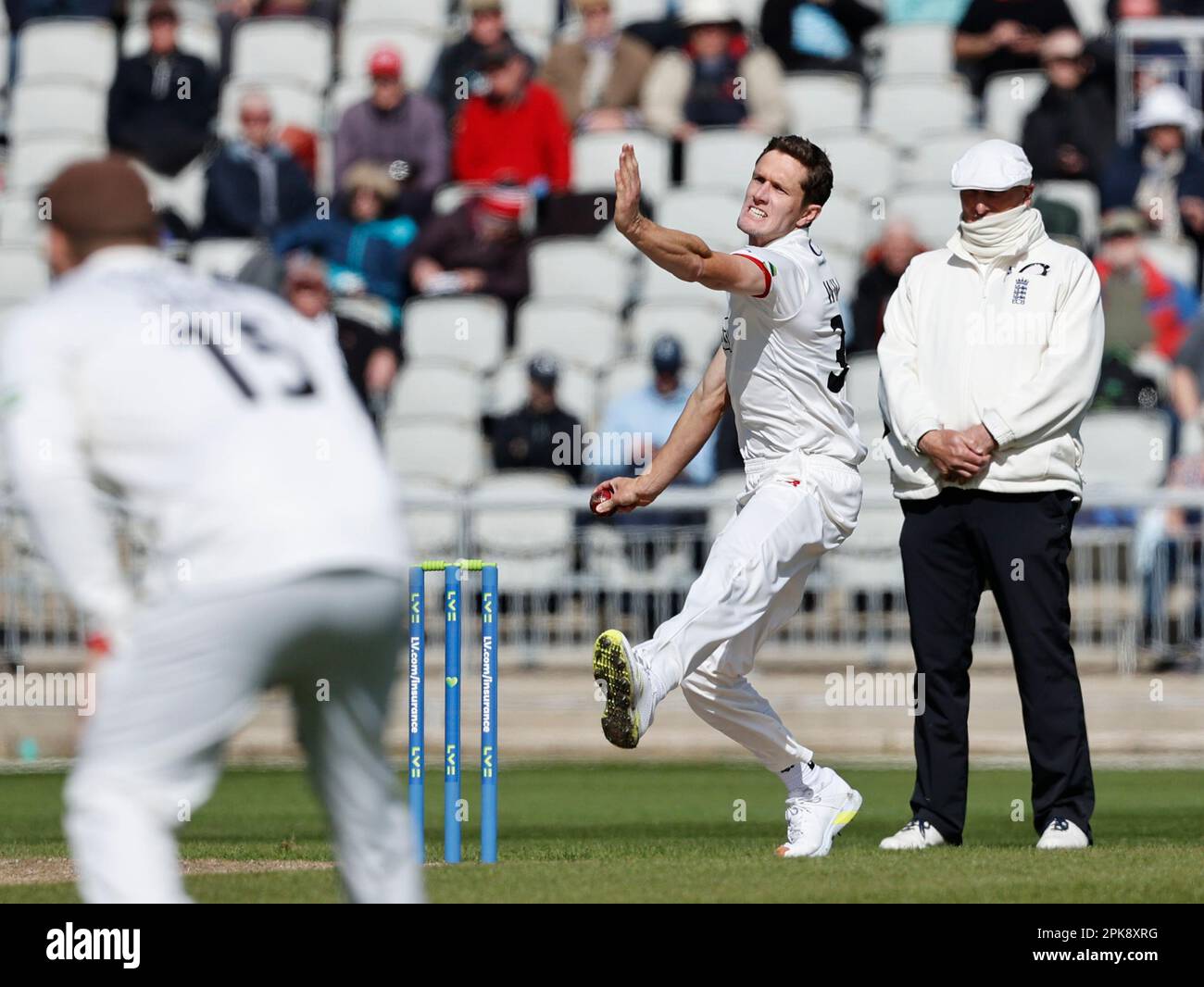 6th April 2023; Old Trafford, Manchester, England: Division 1 County Championship Cricket, Lancashire versus Surrey Day 1; Will Williams got Lancashire off to a good start dismissing Surrey captain Dom Sibley&#xa0;in his second over of the day Stock Photo