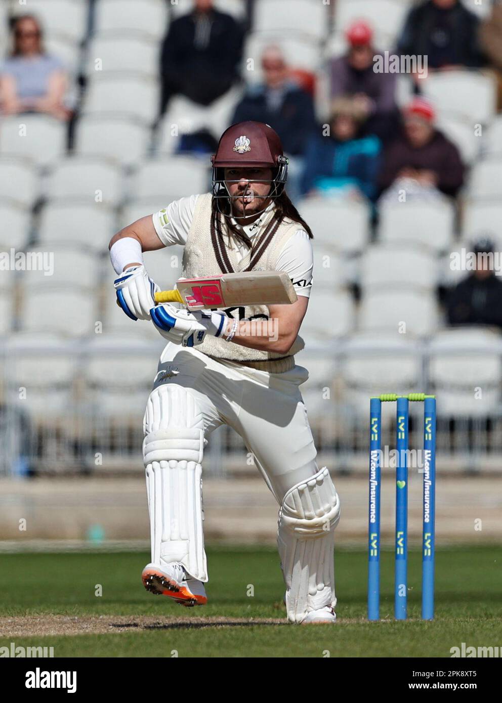 6th April 2023; Old Trafford, Manchester, England: Division 1 County Championship Cricket, Lancashire versus Surrey Day 1; A disappointing start to the season for Surrey captain Rory Burns, dismissed for just one run before his team gets into double figures in the morning session Stock Photo