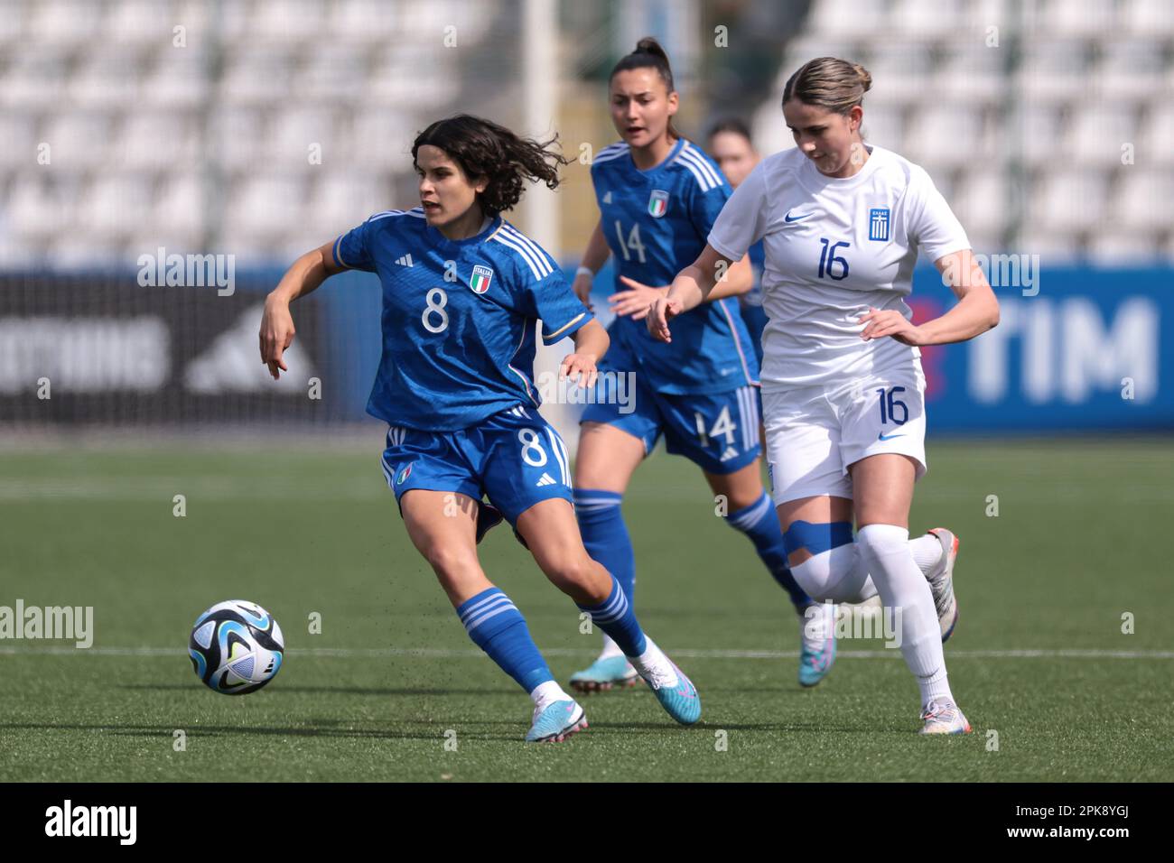 Vercelli, Italy, 5th April 2023. Eva Schatzer of Italy is pursued by Athanasia Tsaroucha of Greece during the UEFA U19 Championship match at Stadio Silvio Piola, Vercelli. Picture credit should read: Jonathan Moscrop / Sportimage Stock Photo
