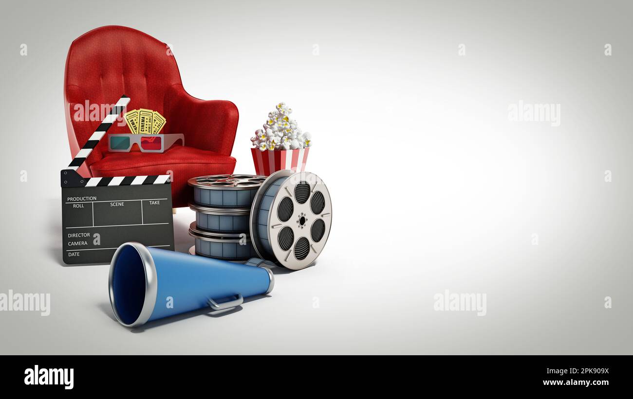 Red seat, pop corn, ticket, film reel and slate. 3D illustration. Stock Photo