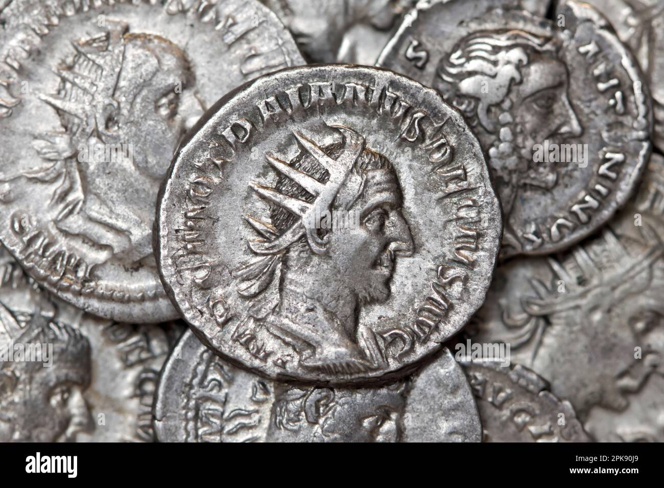 Ancient Roman coin showing the face of the emperor Trajan Decius Antoninianus Stock Photo