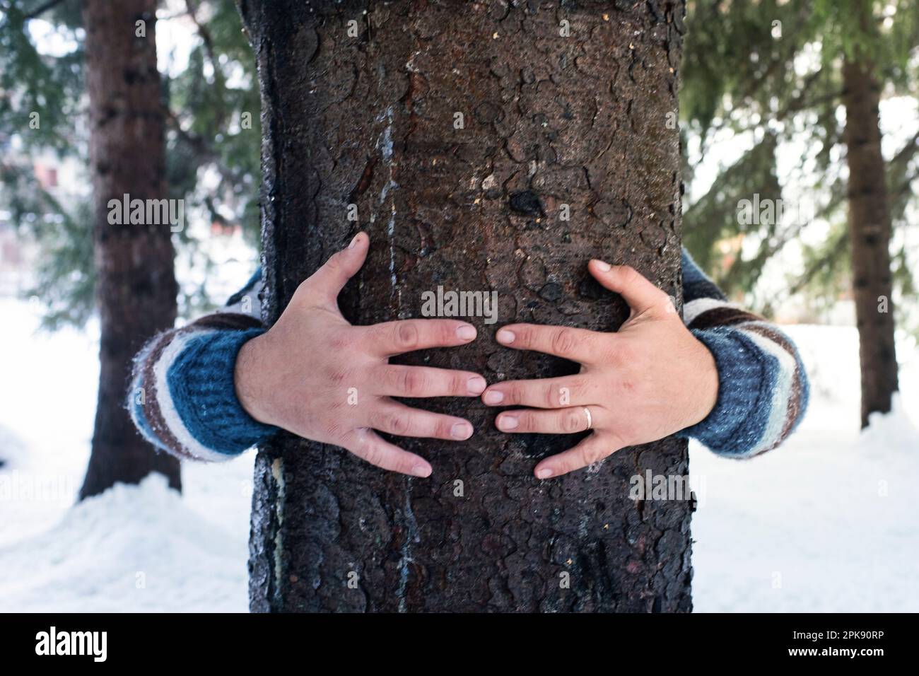 Man, Hands, Detail, Tree, hug, winter Stock Photo