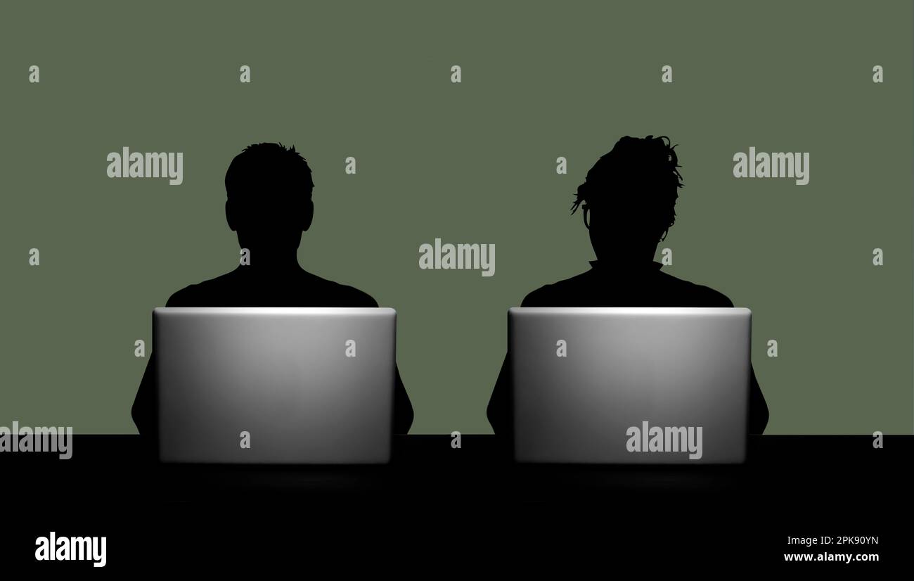 Male and female person silhouette in front of open laptop and green background Stock Photo