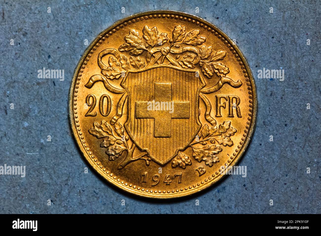 Swiss 20 Francs Vreneli gold coin from 1947 showing Helvetia Stock Photo