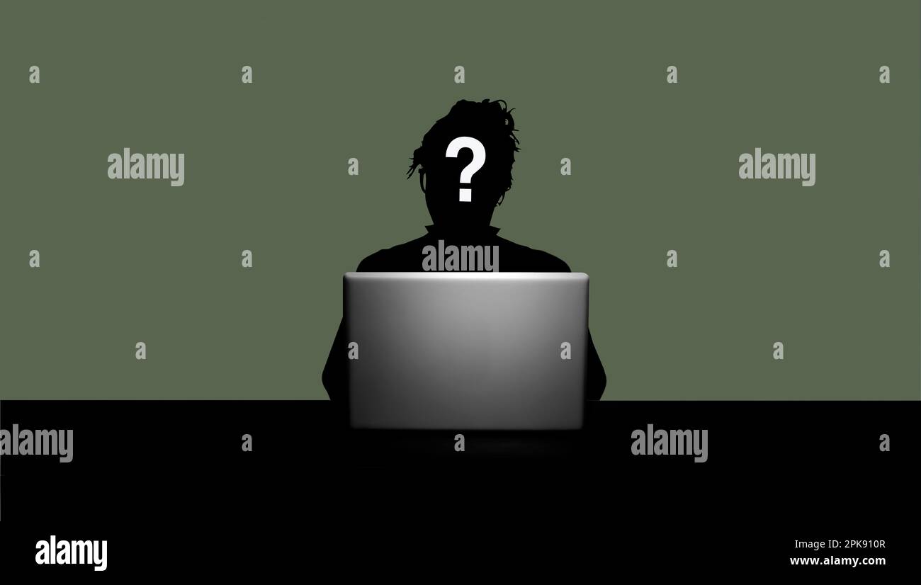 Female person silhouette in front of open laptop and green background Stock Photo