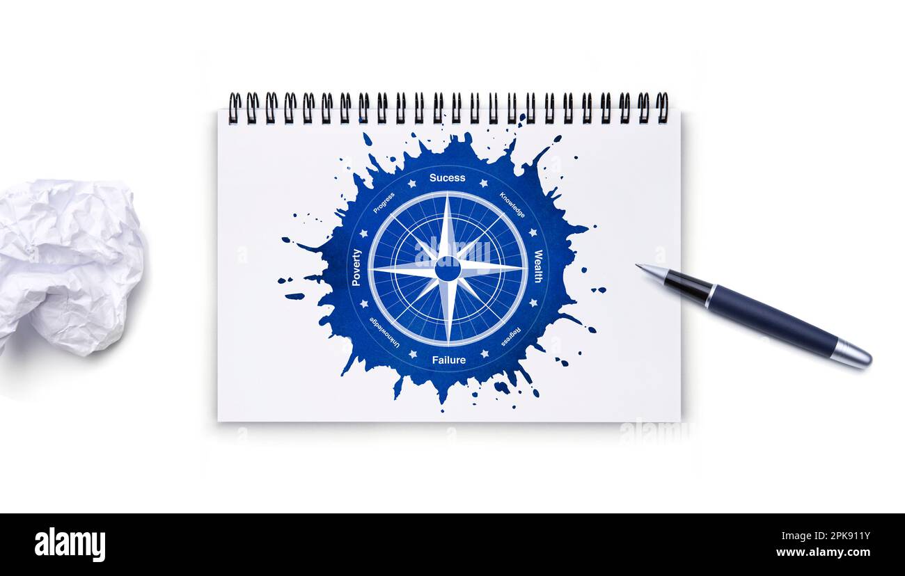 Block, drawing, compass with compass needle aligned for success, pencil Stock Photo