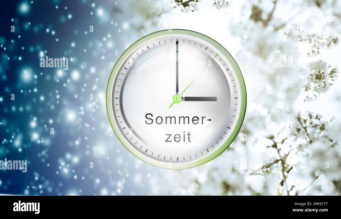 Clock, dial shows three o'clock, symbol for time change to daylight