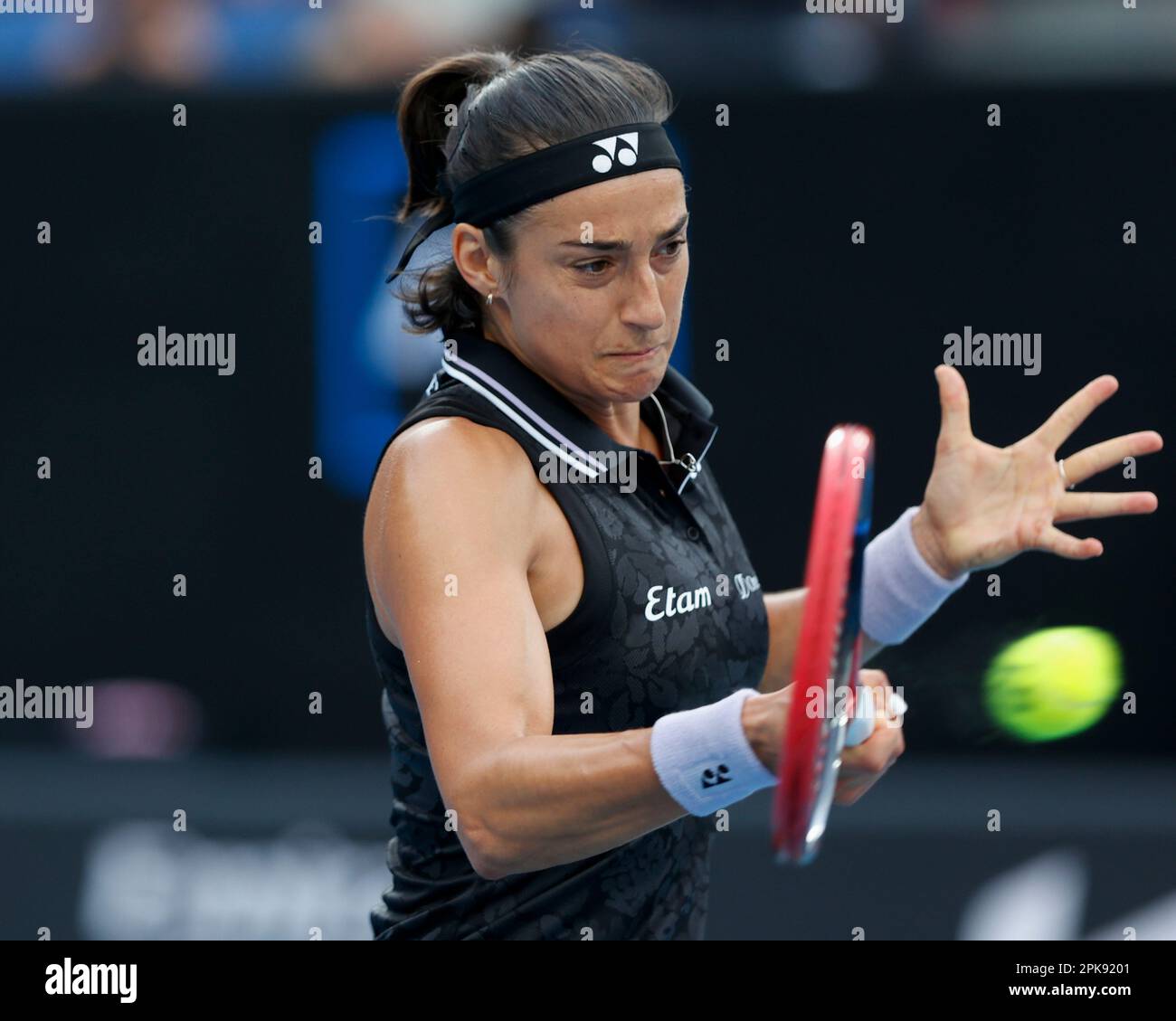 Caroline Garcia of France in action at the Australian Open 2023  Tennis Tournament, Melbourne Park, Melbourne, Victoria, Australia. Stock Photo