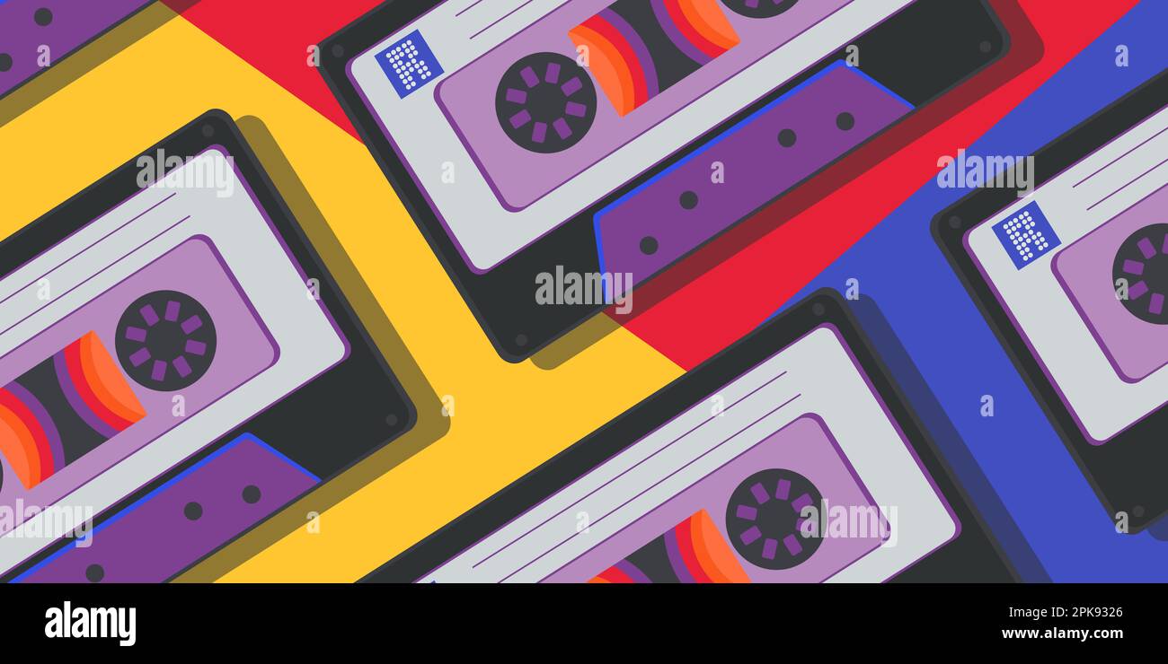 Retro audio cassette pattern on multicolored background. Old school concept Stock Vector